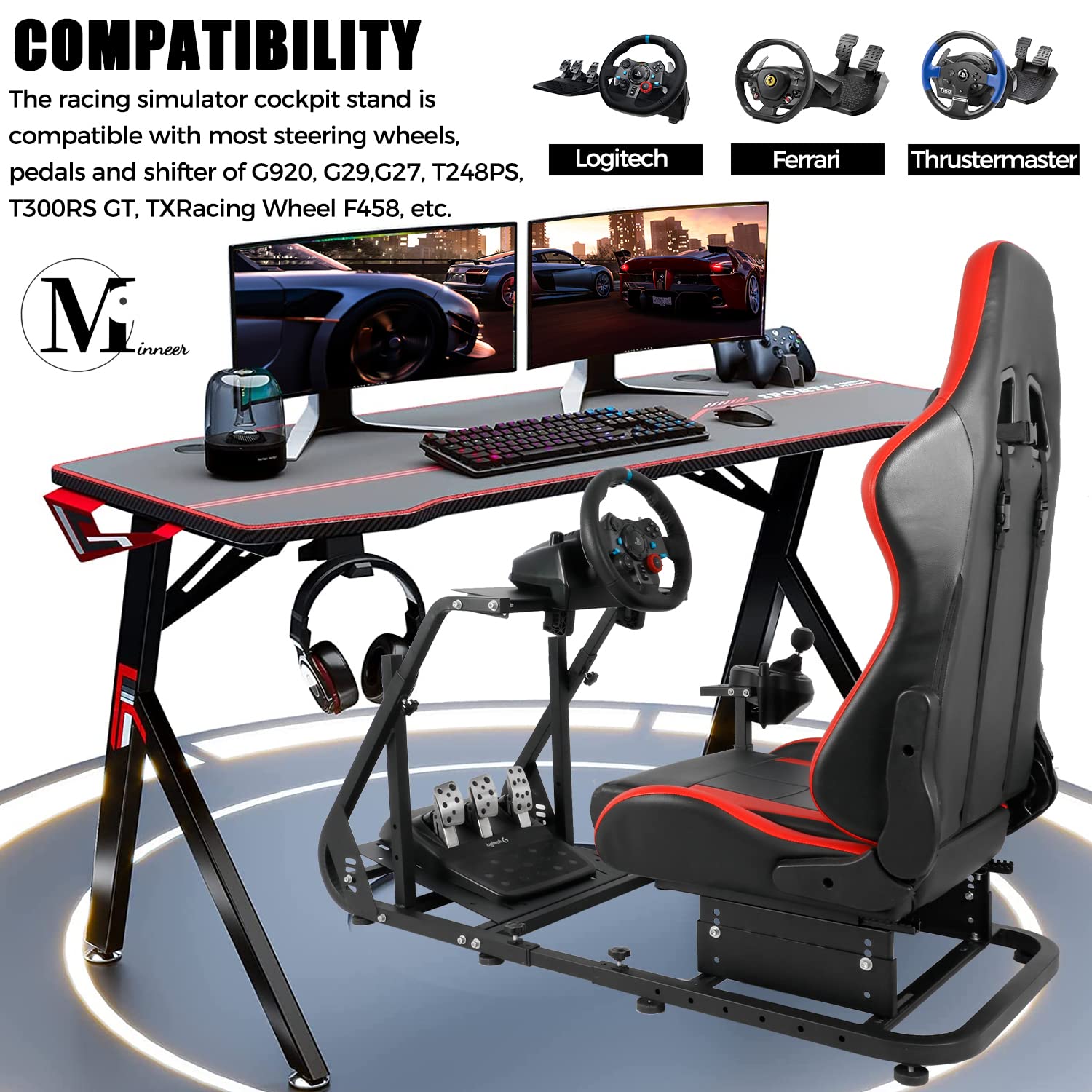 Minneer Racing Simulator Cockpit Stable Fit Logitech Thrustmaster T128 T248 T300RS