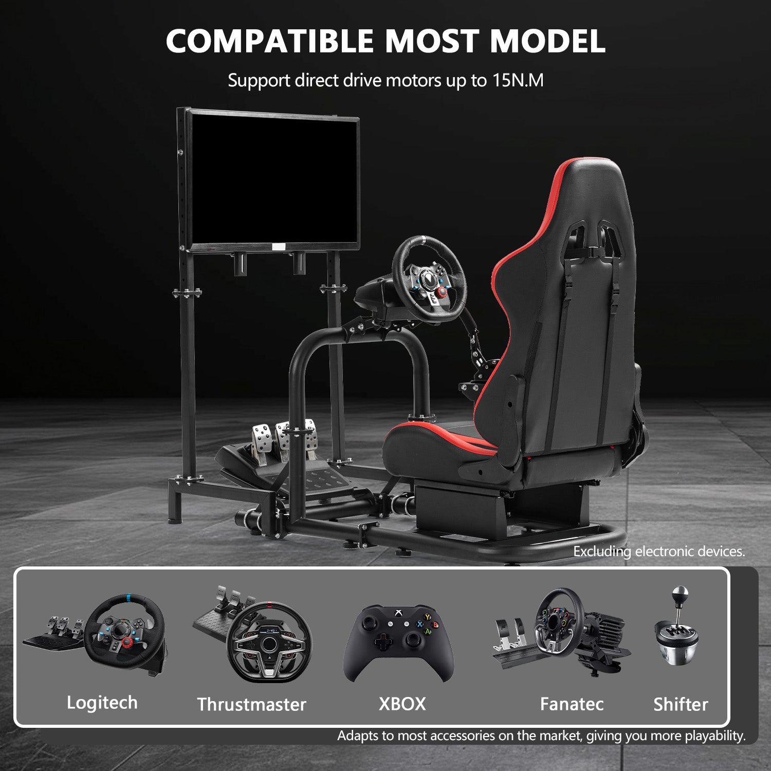Minneer Racing Simulator Cockpit with Red Seat & TV Stand Fit Logitech GPRO Fanatec CSL-DD