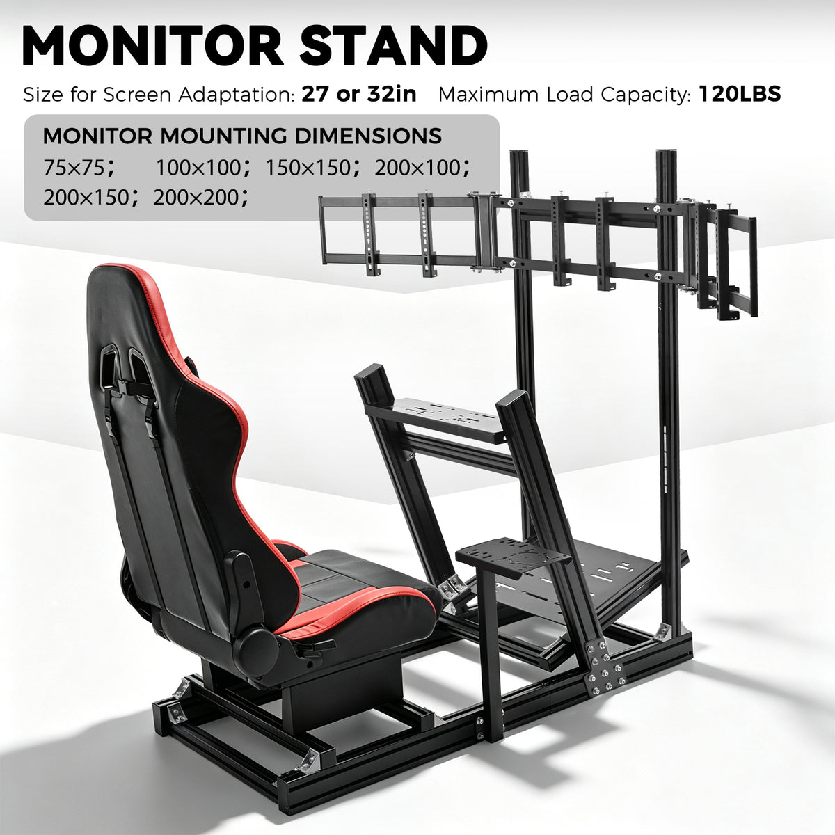Minneer 4080 Aluminum Racing Simulator Cockpit with Black Seat and Triple Monitor Stand, Fully Adjustability, Fit for Logitech, Thrustmaster, Fanatec G29 G920 T248, Not Include Steering Wheel,Pedals,Handbrake,Monitor