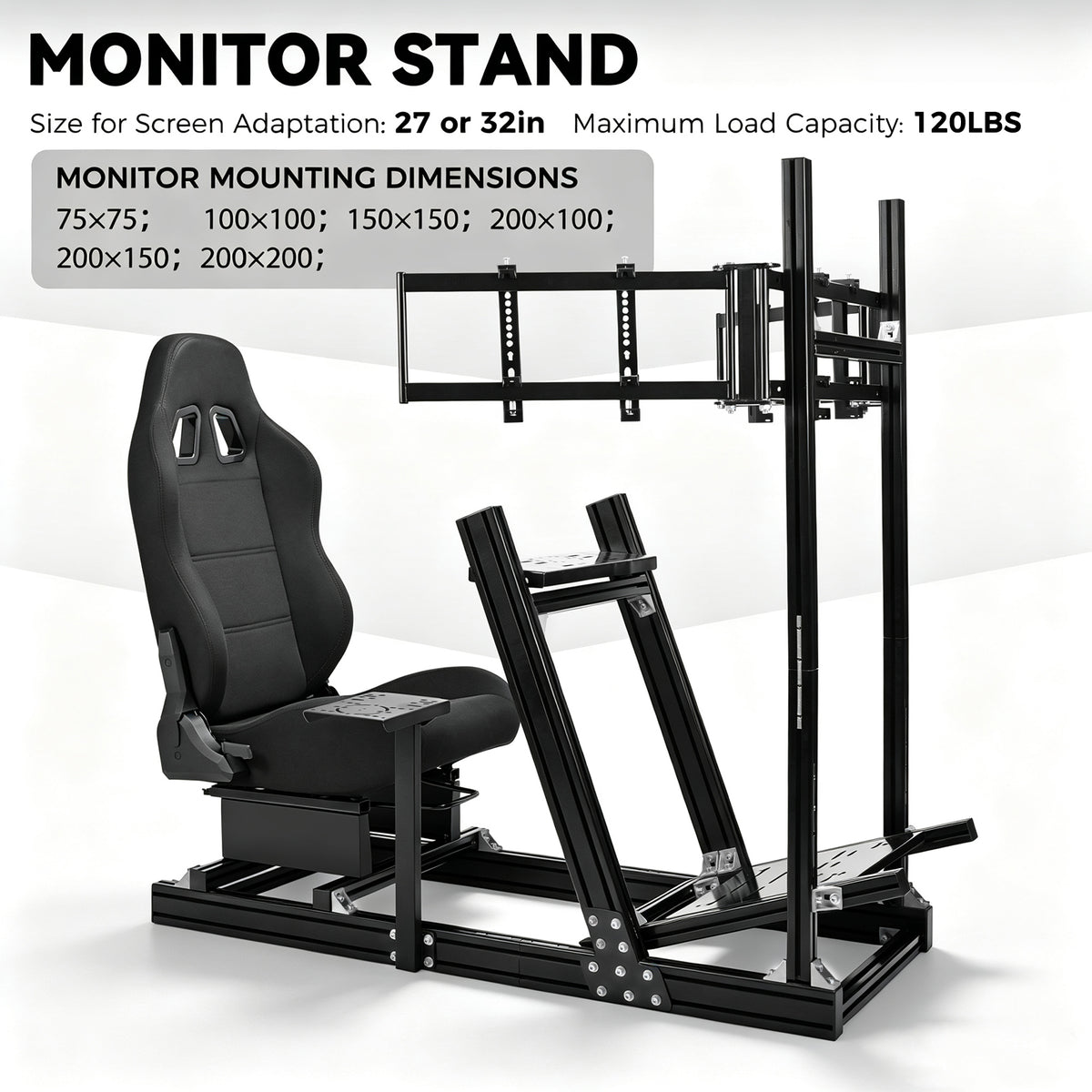 Minneer 4080 Aluminum Racing Simulator Cockpit with Black Seat and Triple Monitor Stand, Fully Adjustability, Fit for Logitech, Thrustmaster, Fanatec G29 G920 T248, Not Include Steering Wheel,Pedals,Handbrake,Monitor