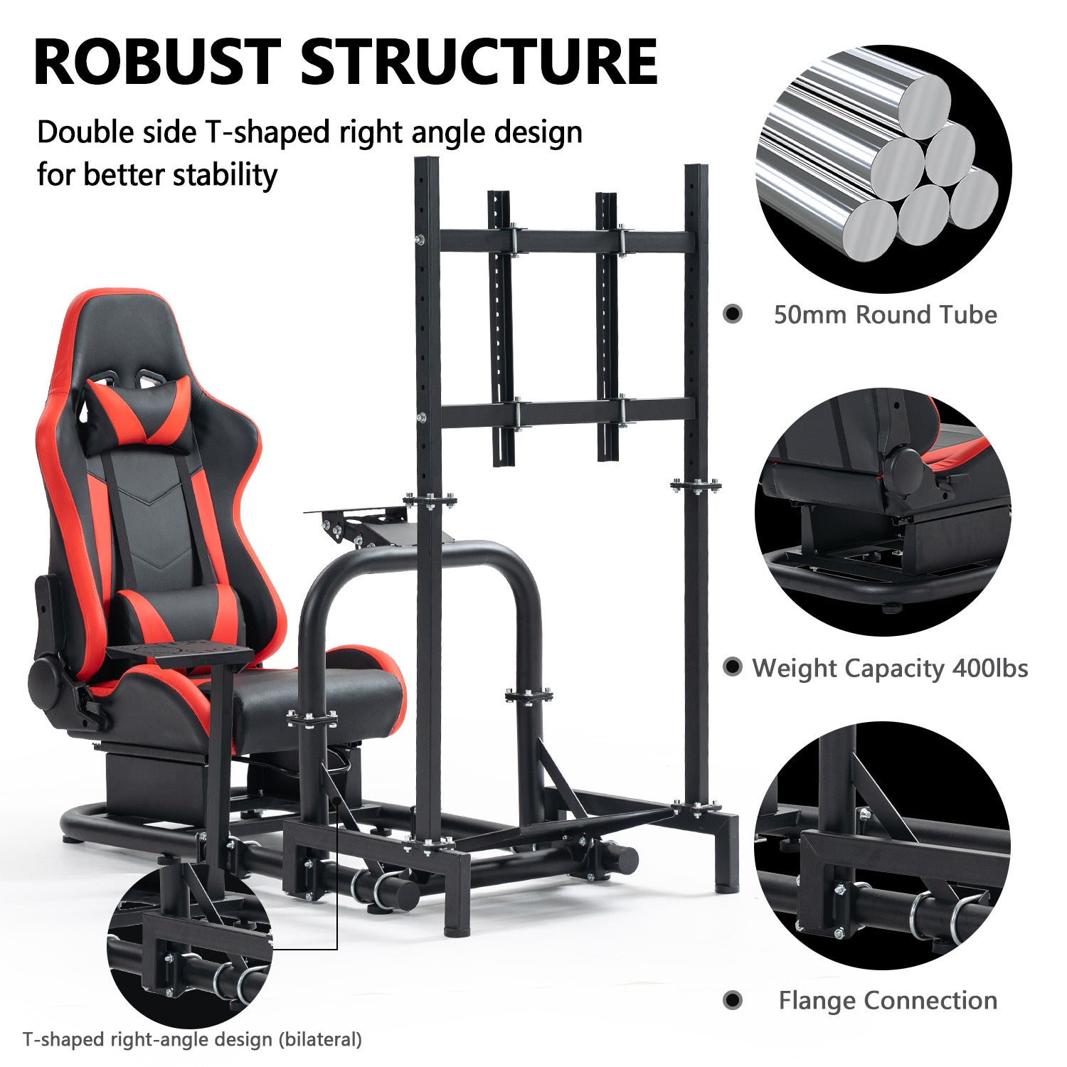 Minneer Racing Simulator Cockpit with Red Seat & TV Stand Fit Logitech GPRO Fanatec CSL-DD