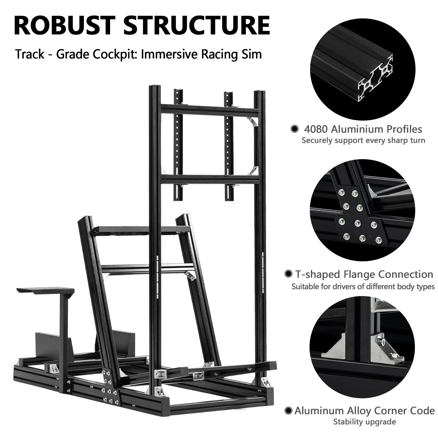 Minneer 4080 Aluminum Profile Racing Simulator Cockpit with Monitor Stand , Unlimited Adjustment, Fit for Thrustmaster, Fanatec, Moza, Logitech G29 GPro, Sim Frame 8040,Not Include Steering,TV,Wheel,Pedals,Handbrake