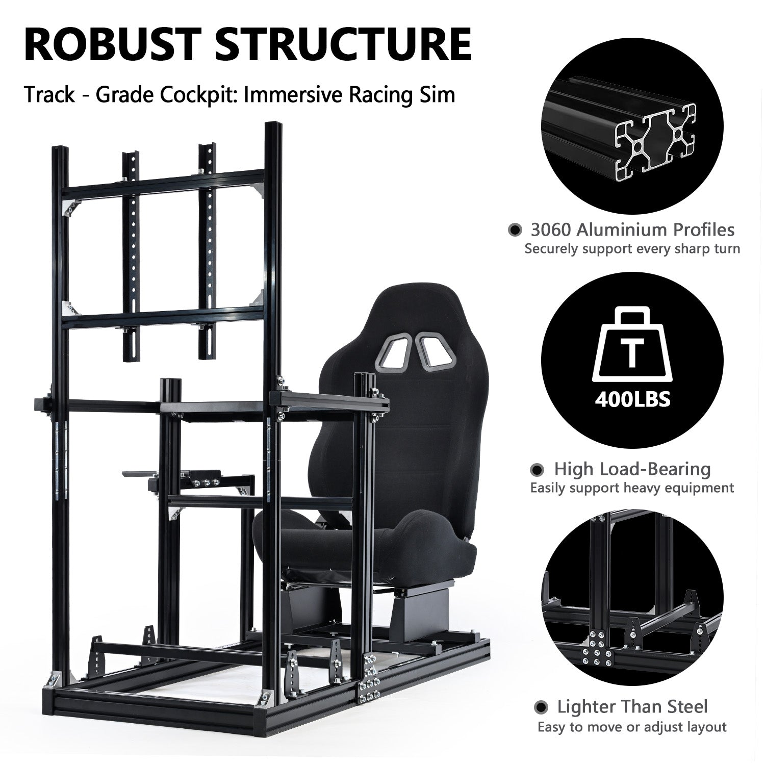 Minneer 3060 Racing Simulator Cockpit with Black Seat & TV Stand Fit for Logitech