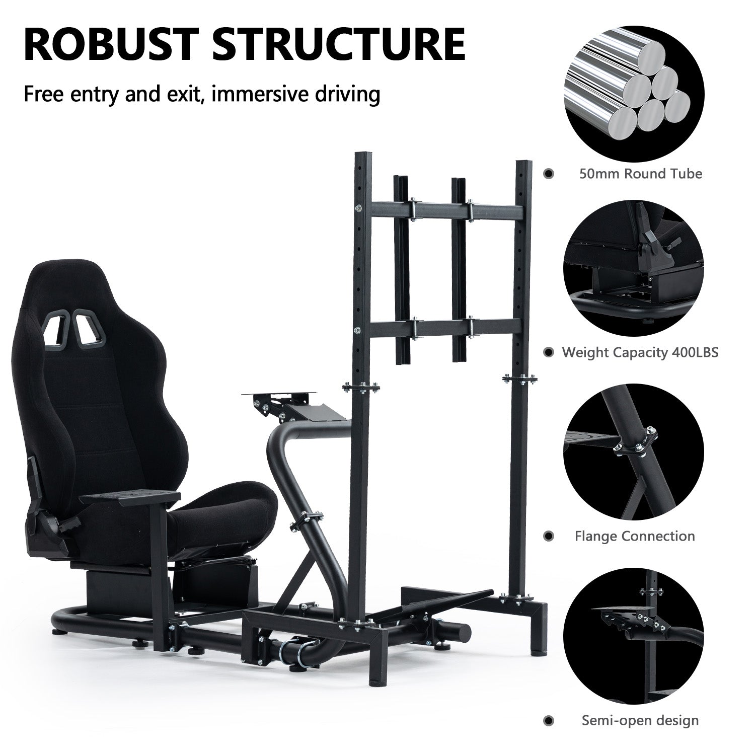 Minneer Comfortable Racing Simulator Cockpit with Black Seat & TV Stand Fit Logitech Fanatec