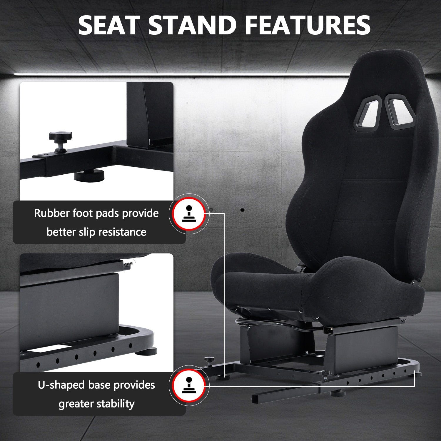 Minneer Racing Simulator Cockpit Seat Mount with black seat for Steering Wheel Stand Square Tube