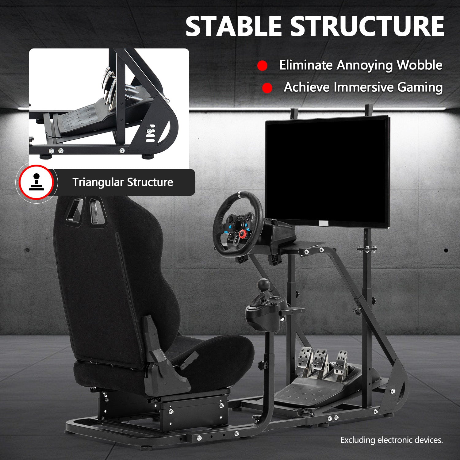 Minneer Adjustable Racing Simulator Cockpit with Black Seat and Monitor Mount Fit Logitech Fanatec