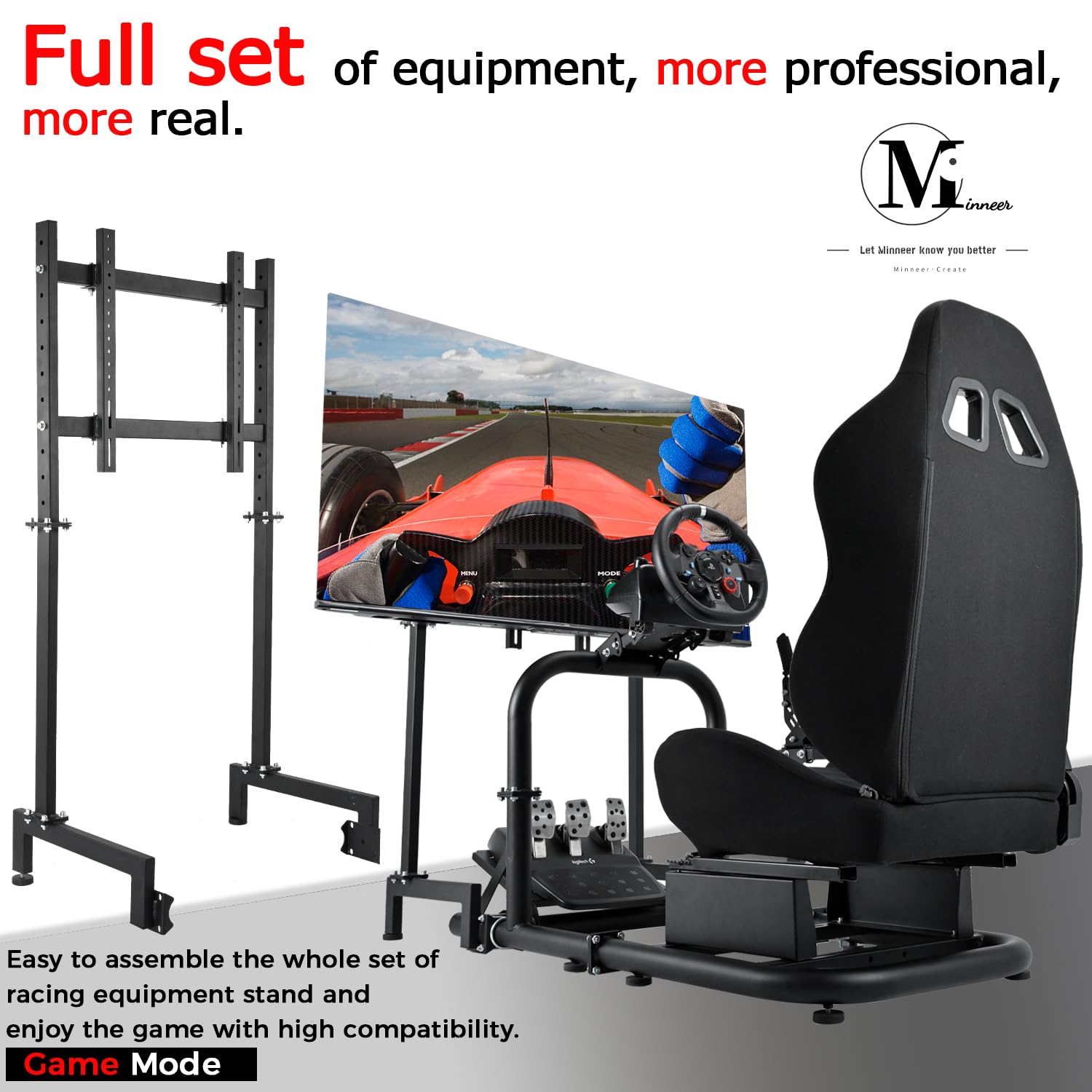 Minneer Racing Simulator Cockpit with Seat TV Stand Fit Logitech Thrustmaster