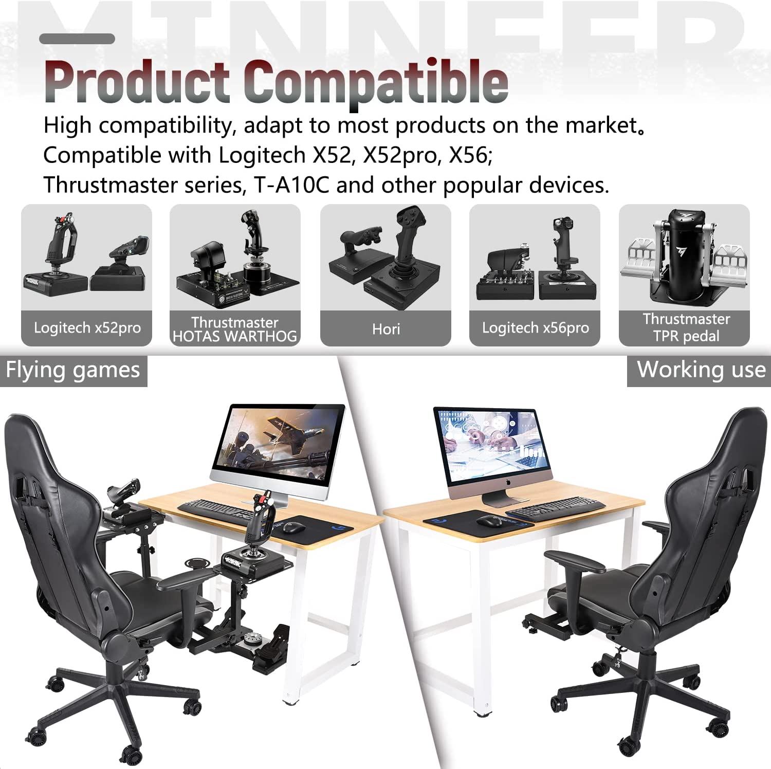Minneer Flight Sim Stand with Gaming Seat Fit LogitechX52 X56 Thrustmaster A10C Hotas Warthog