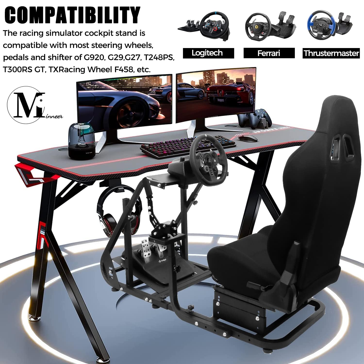Minneer Racing Simulator Cockpit with Gaming Seat Adjustable Fit Logitech GPRO Thrustmaster