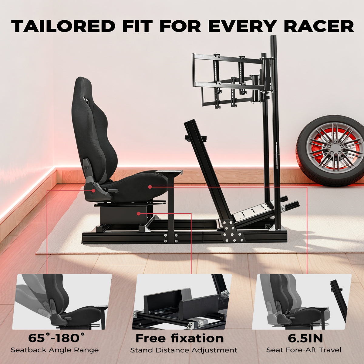 Minneer 4080 Aluminum Racing Simulator Cockpit with Black Seat and Triple Monitor Stand, Fully Adjustability, Fit for Logitech, Thrustmaster, Fanatec G29 G920 T248, Not Include Steering Wheel,Pedals,Handbrake,Monitor