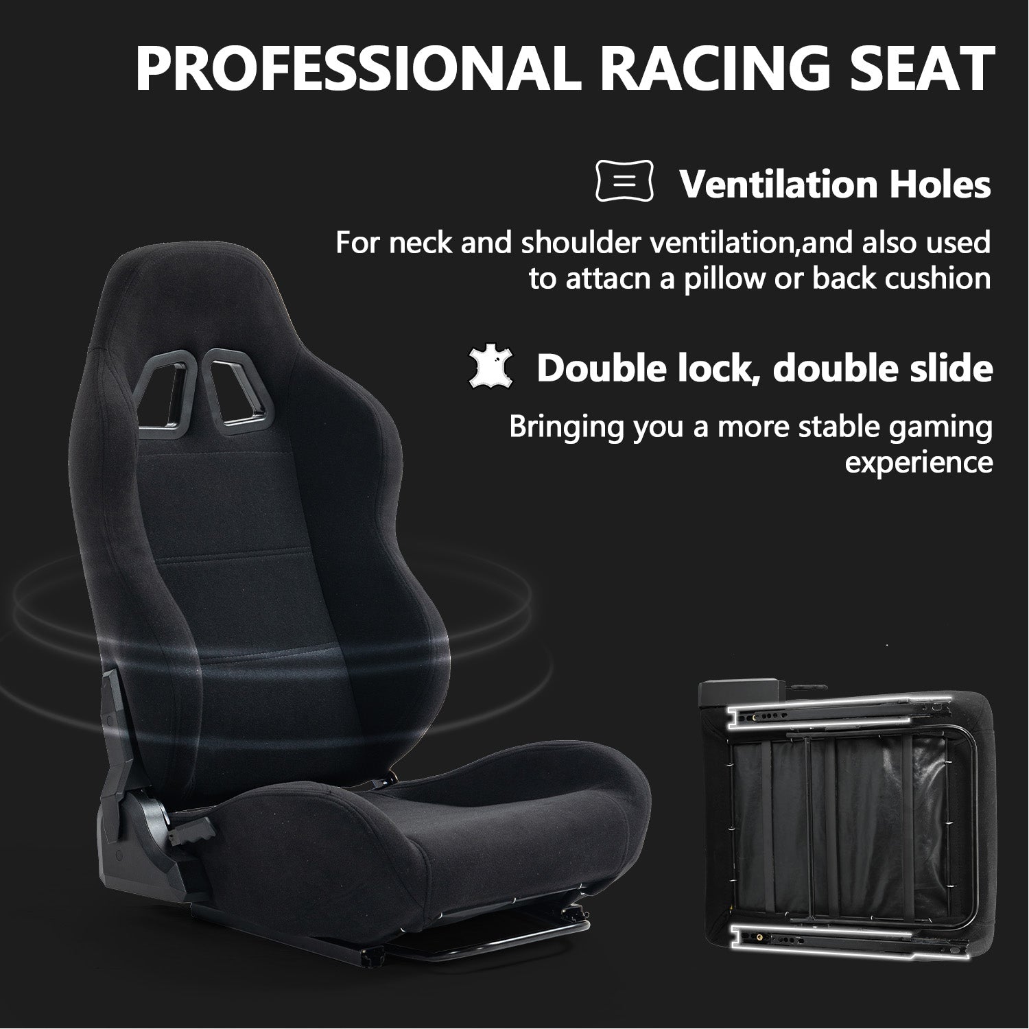 Minneer Racing Simulator Cockpit Seat Mount with black seat for Steering Wheel Stand Square Tube