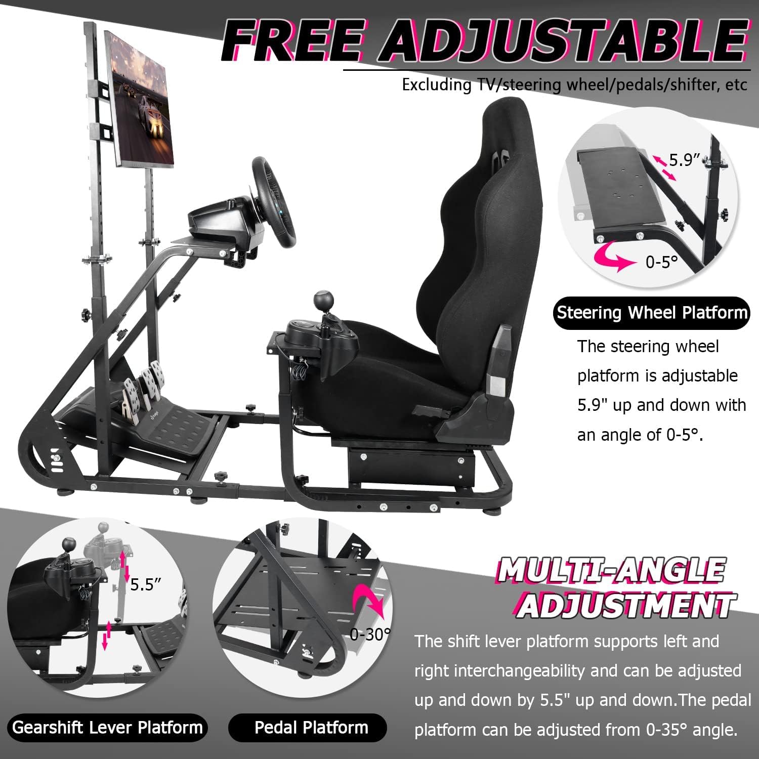 Minneer Adjustable Racing Simulator Cockpit with Seat and Monitor Mount Fit Logitech Fanatec