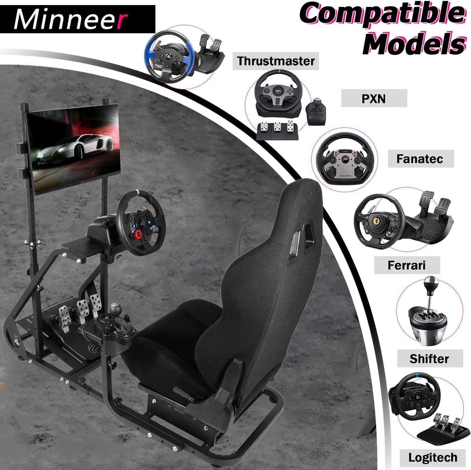 Minneer Adjustable Racing Simulator Cockpit with Seat and Monitor Mount Fit Logitech Fanatec