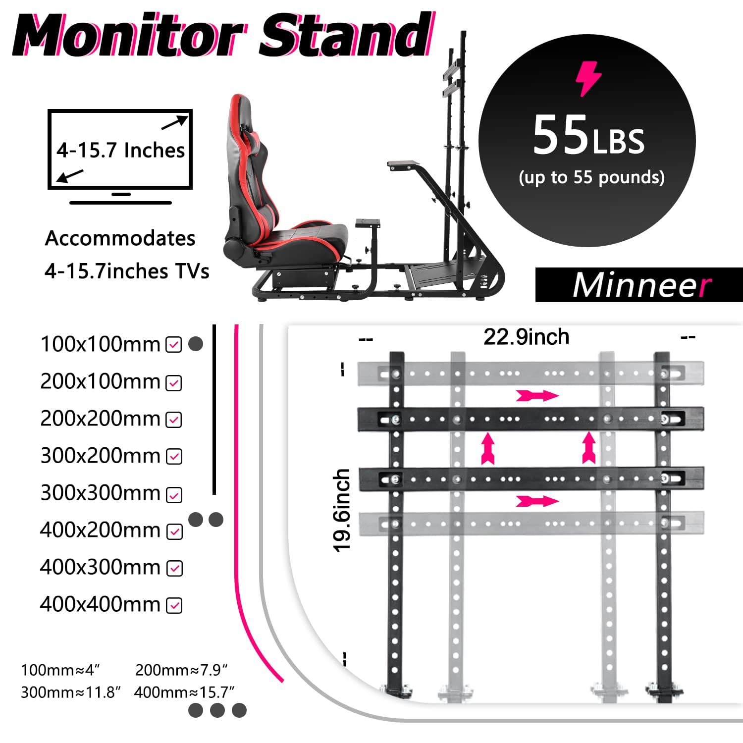 Minneer Racing Sim Cockpit with Seat and Monitor stand Fit Logitech Thrustmaster