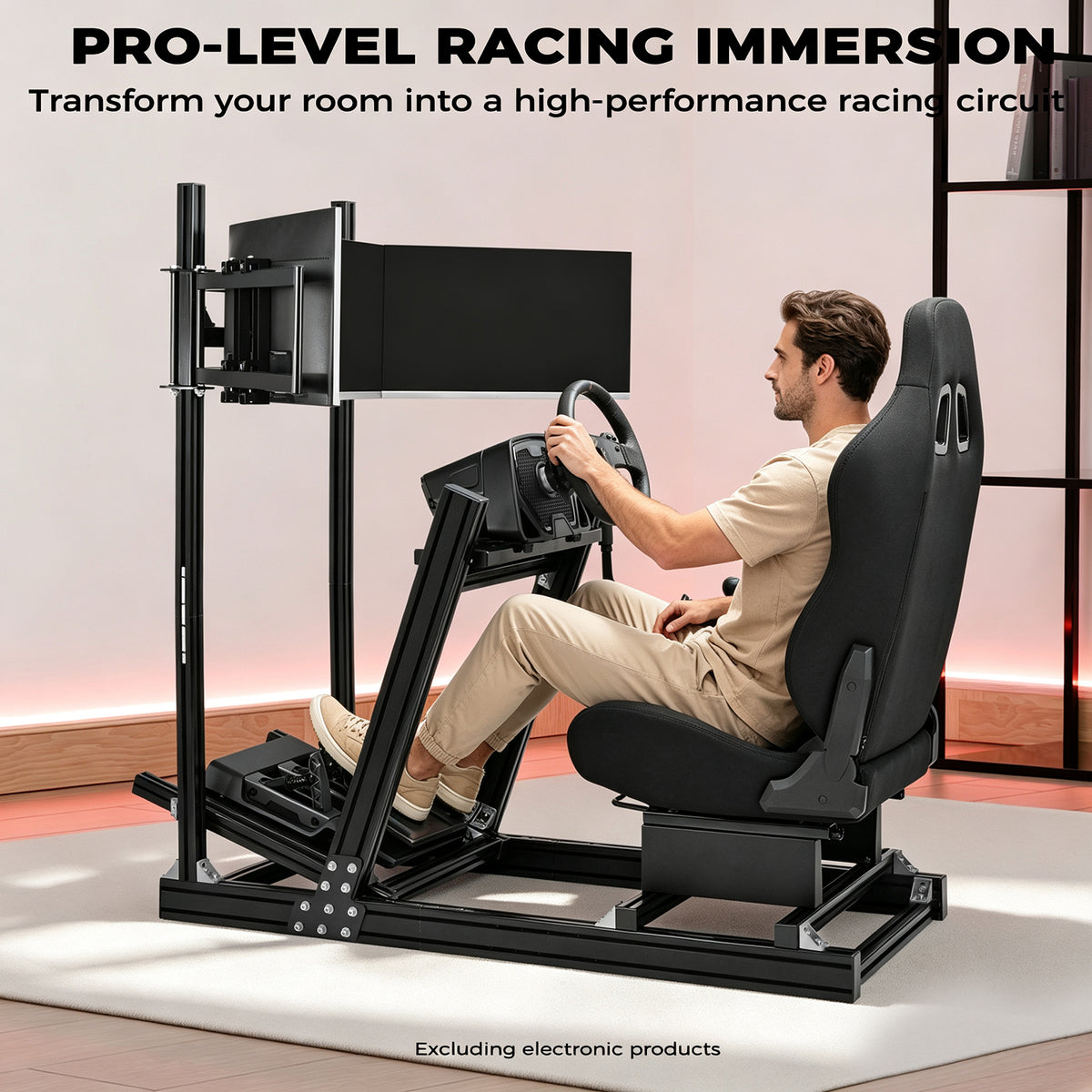 Minneer 4080 Aluminum Racing Simulator Cockpit with Black Seat and Triple Monitor Stand, Fully Adjustability, Fit for Logitech, Thrustmaster, Fanatec G29 G920 T248, Not Include Steering Wheel,Pedals,Handbrake,Monitor