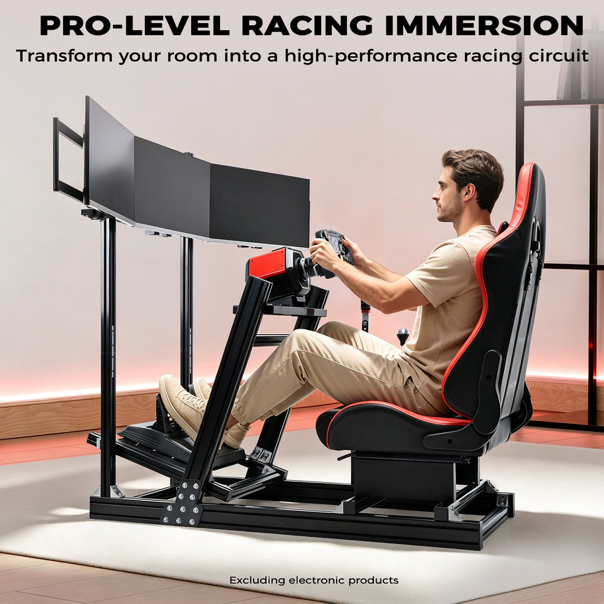 Minneer 4080 Aluminum Racing Simulator Cockpit with Black Seat and Triple Monitor Stand, Fully Adjustability, Fit for Logitech, Thrustmaster, Fanatec G29 G920 T248, Not Include Steering Wheel,Pedals,Handbrake,Monitor