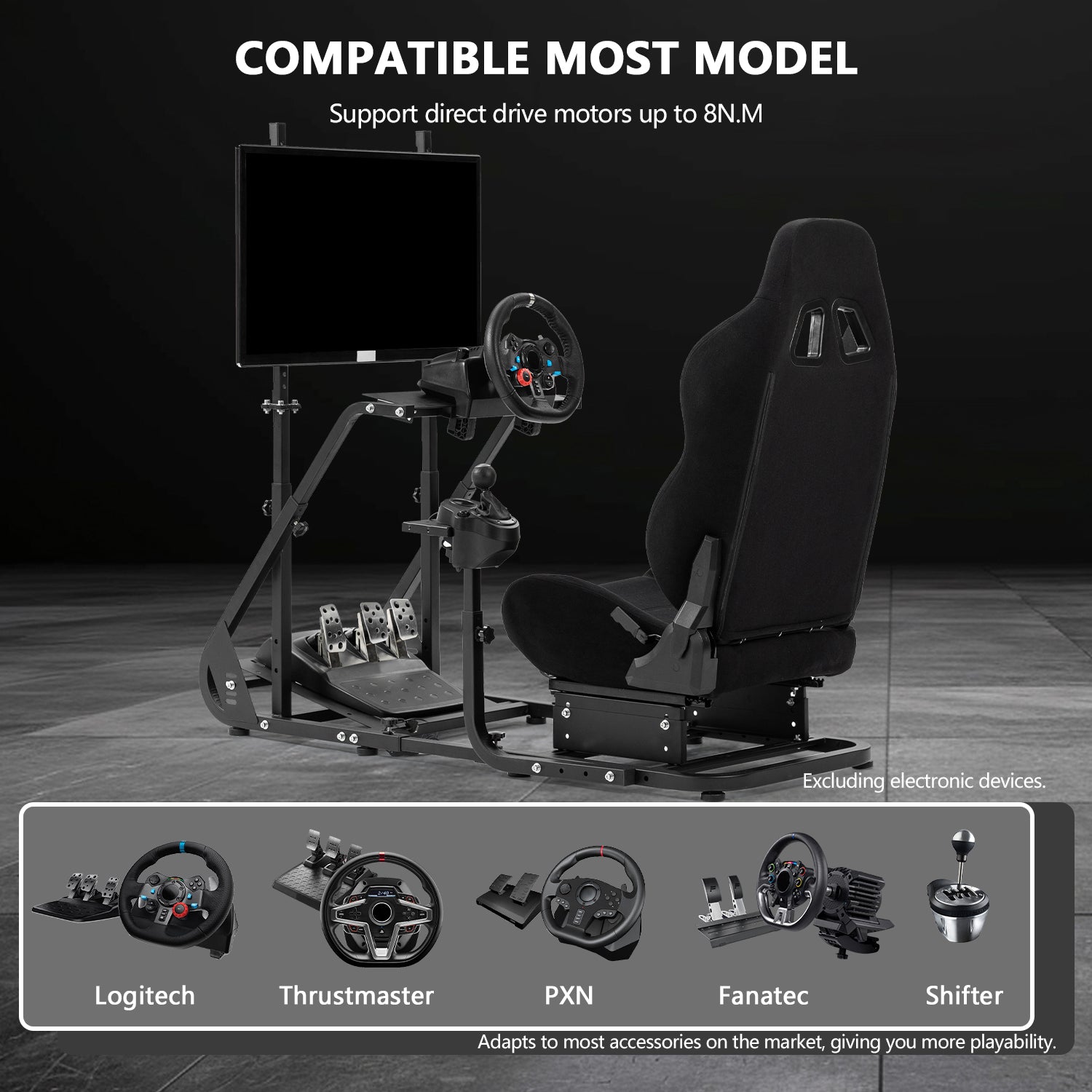 Minneer Adjustable Racing Simulator Cockpit with Black Seat and Monitor Mount Fit Logitech Fanatec