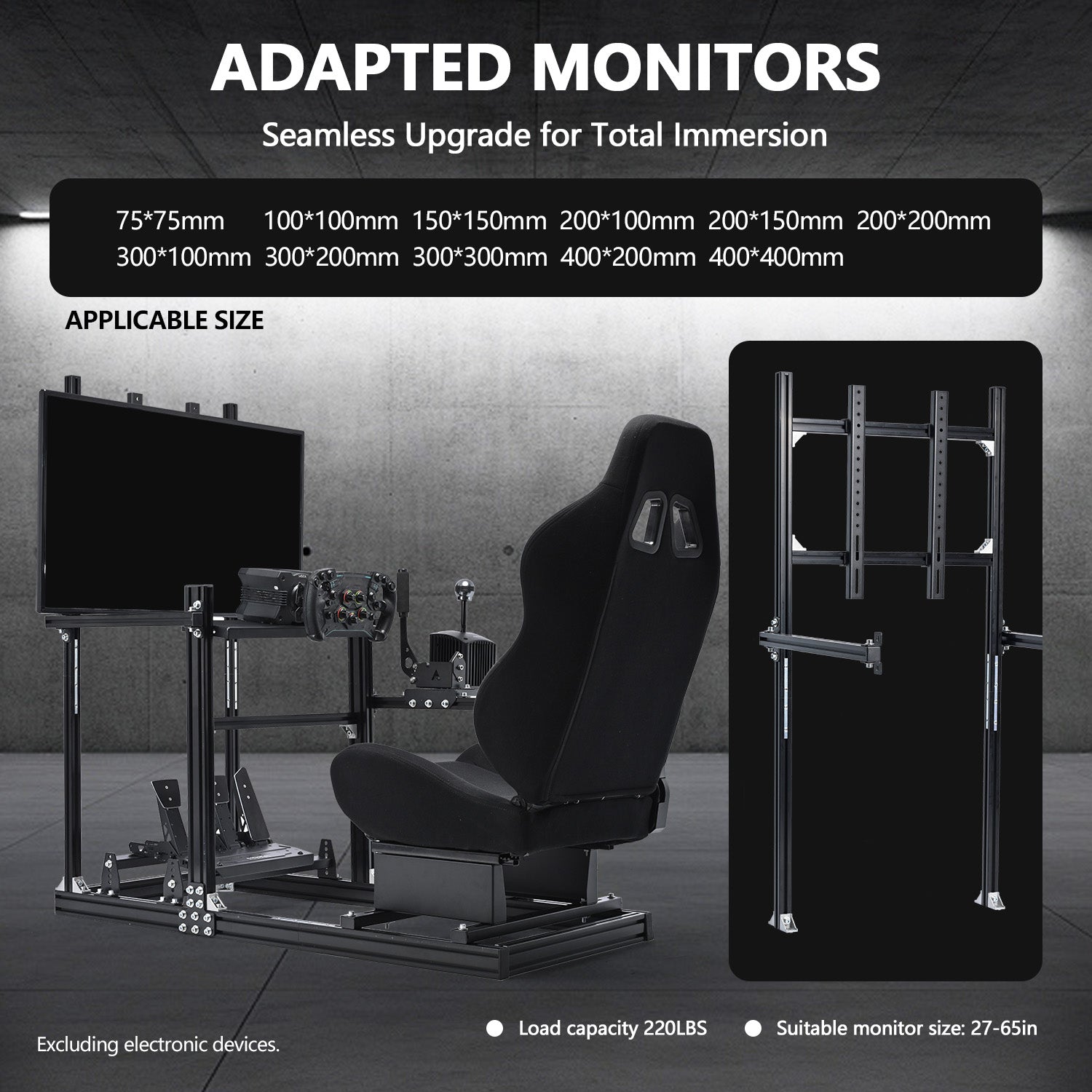 Minneer 3060 Racing Simulator Cockpit with Black Seat & TV Stand Fit for Logitech