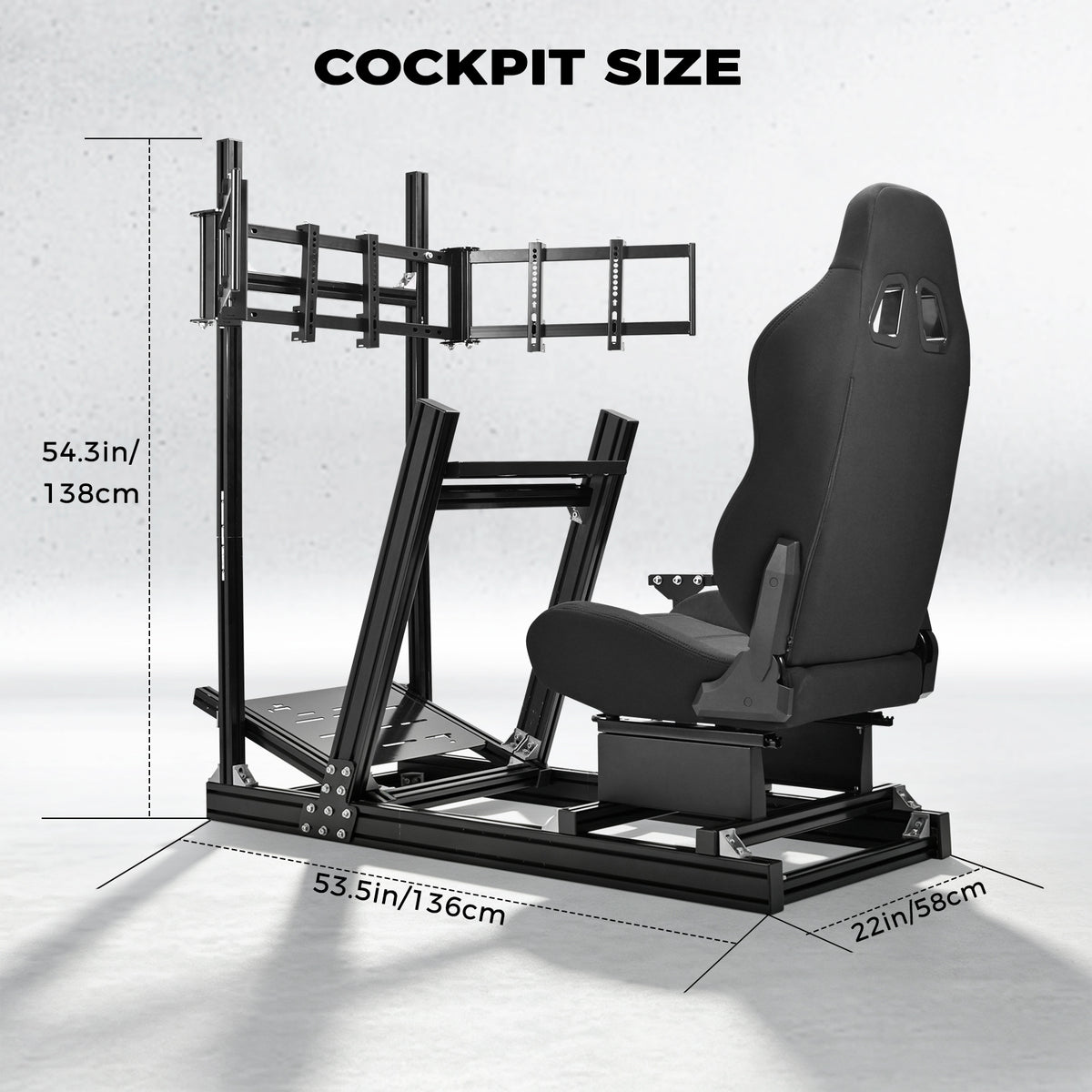 Minneer 4080 Aluminum Racing Simulator Cockpit with Black Seat and Triple Monitor Stand, Fully Adjustability, Fit for Logitech, Thrustmaster, Fanatec G29 G920 T248, Not Include Steering Wheel,Pedals,Handbrake,Monitor