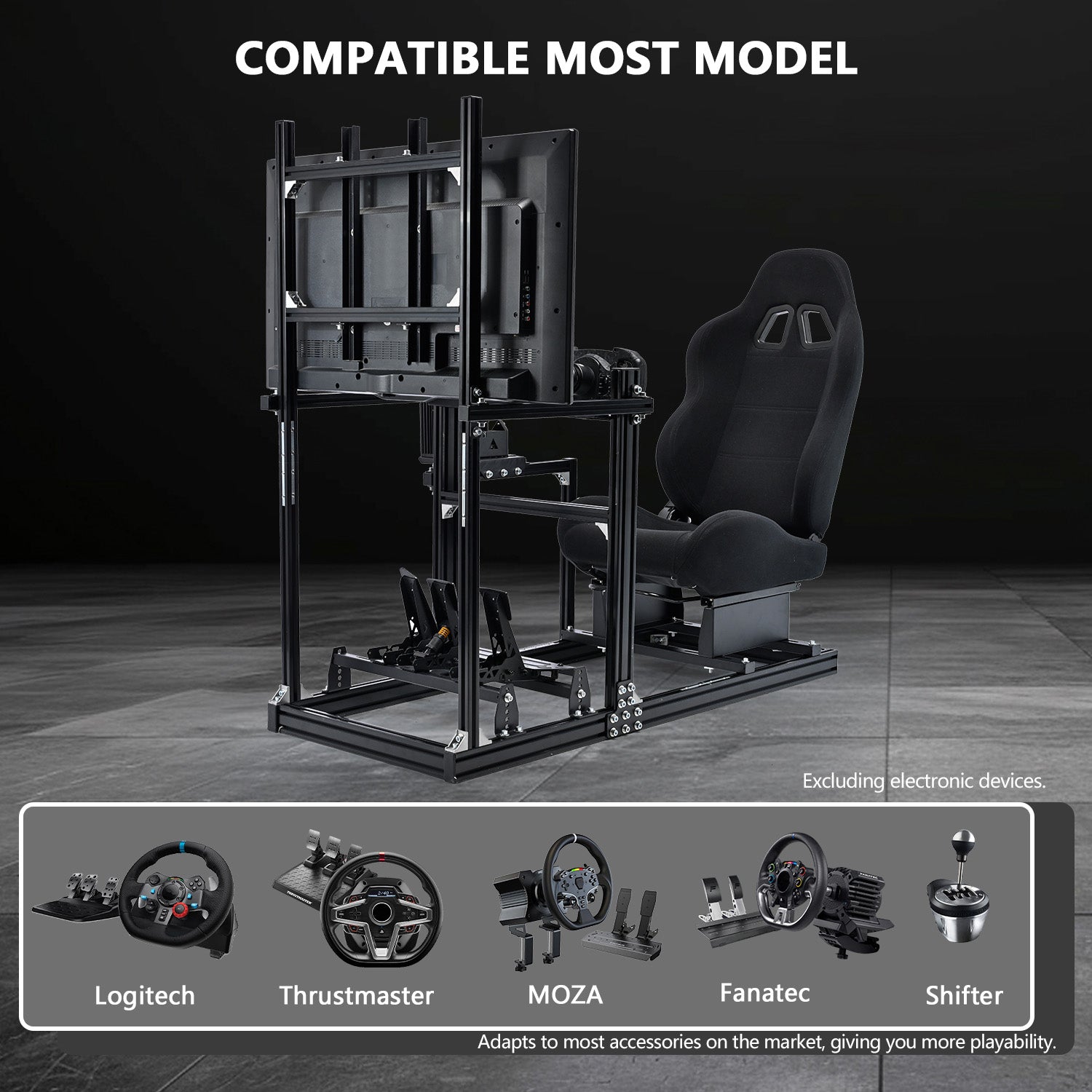 Minneer 3060 Racing Simulator Cockpit with Black Seat & TV Stand Fit for Logitech