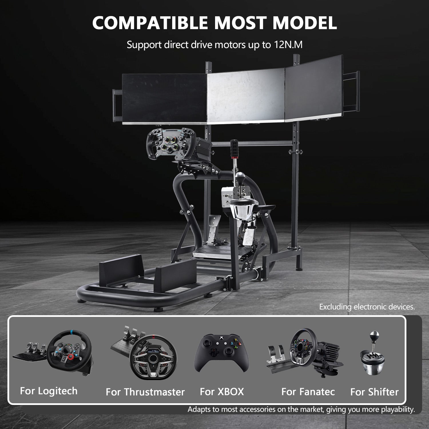 Minneer Racing Simulator Cockpit with Triple Screen Mount for Logitech / Fanuc / Thrustmaster G27 G923 G920, 50 mm Large Round Tube Driving Simulator Mount without Steering Wheel / Shift / Pedals / TV