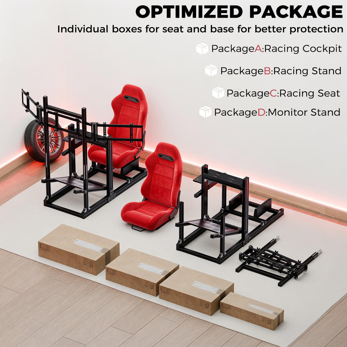 Minneer 4080 Aluminium Profile Racing Sim Cockpit with Red Suede Seat and Triple Monitor Stand, Fully Adjustability, Fit for Logitech,Thrustmaster, Fanatec G29 G923 T248, Not Include Steering Wheel,Pedals,Handbrake