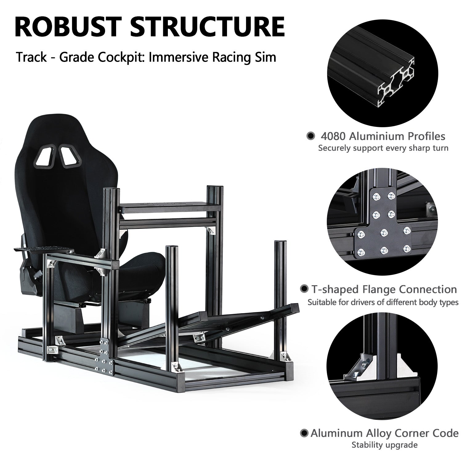 Minneer 4080 Aluminum Profile Racing Sim Cockpit with Black Seat, Ultra Strength & Rigidity, Fit for Logitech,Thrustmaster, Fanatec G29 G923 T248, Not Include Steering Wheel,Pedals,Handbrake