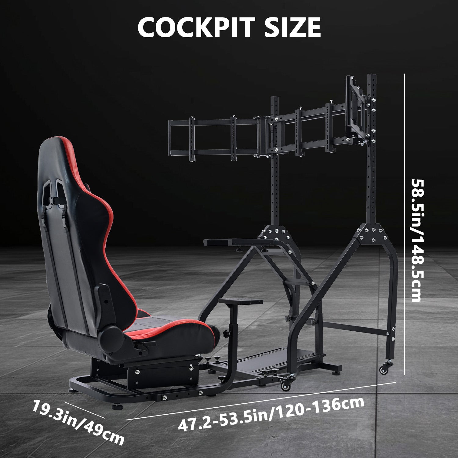 Minneer Steering Wheel Stand Racing Cockpit with Red Seat Triple Monitor stand ,Unobstructed Design for Both Legs,Fit for Logitech/Thrustmaster G29,G920,G923,G25&T300RS,T80,T150 Adjustable, No Steering Wheel, Handbra