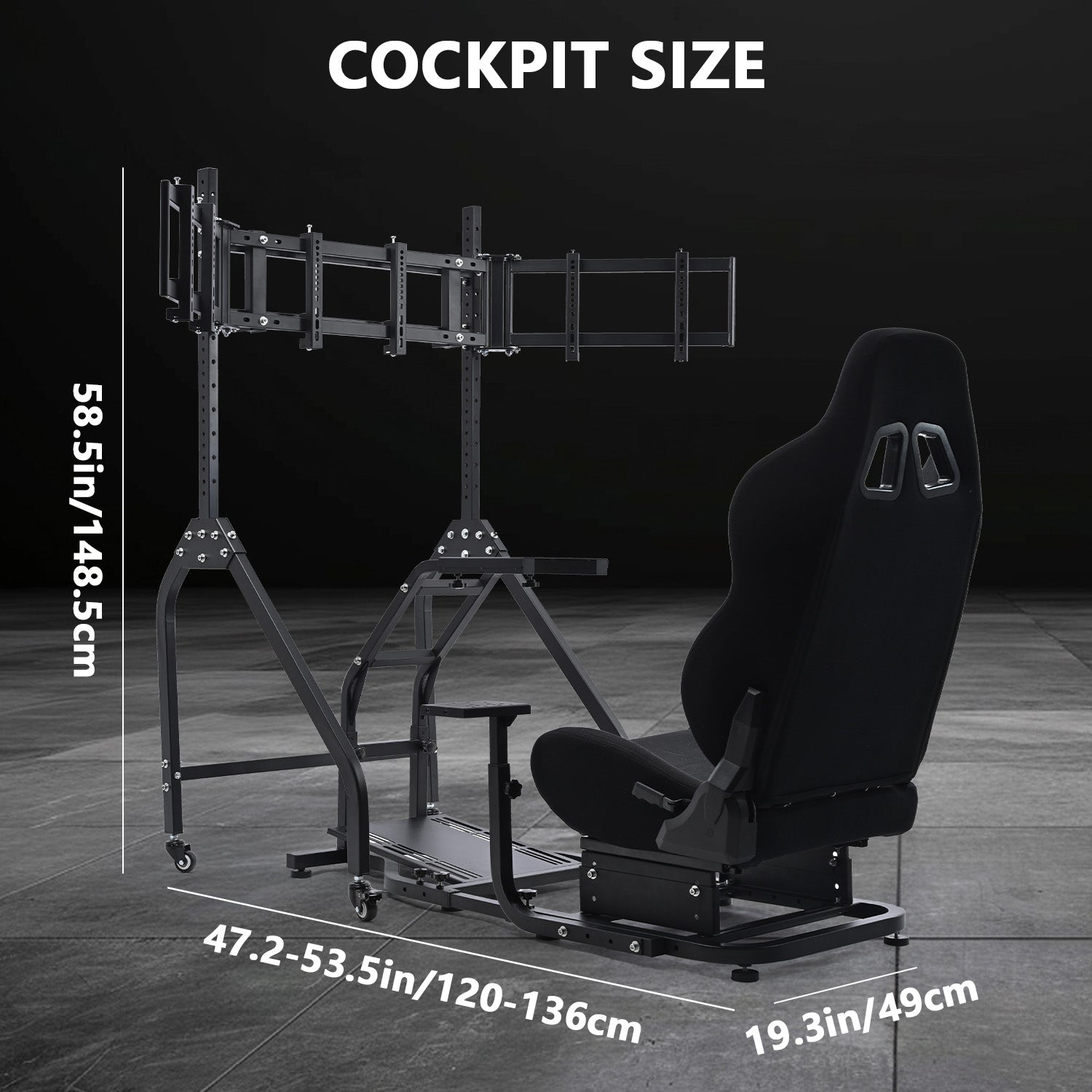 Minneer Steering Wheel Stand Racing Cockpit with Black Seat Triple Monitor stand ,Unobstructed Design for Both Legs,Fit for Logitech/Thrustmaster G29,G920,T300RS,T80, Adjustable, No Steering Wheel, Handbra