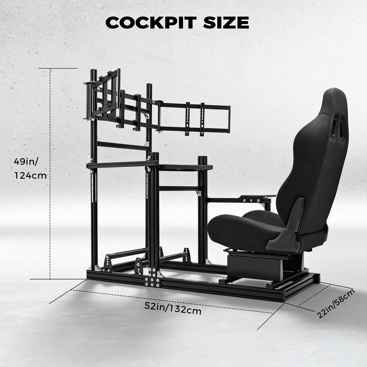 Minneer 3060 Aluminum Profiles Racing Simulator Cockpit with Black Seat and Triple Monitor Stand , Fully Adjustable, Fit for Logitech G29 G923, Steering Wheel, Pedals, and Hand Brake Not Included