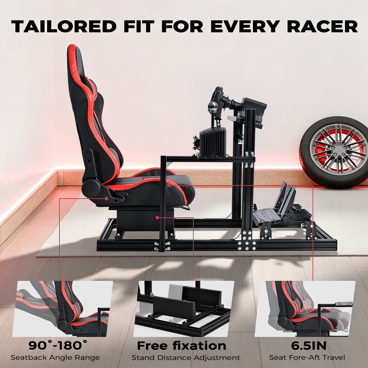 Minner Aluminum 3060 Profile Racing Simulator Cockpit with Red Seat , Unlimited Adjustment, Fit for Thrustmaster, Fanatec, Moza, Logitech G29 GPro, Sim Frame 3040,Not Include Steering,Wheel,Pedals,Handbrake