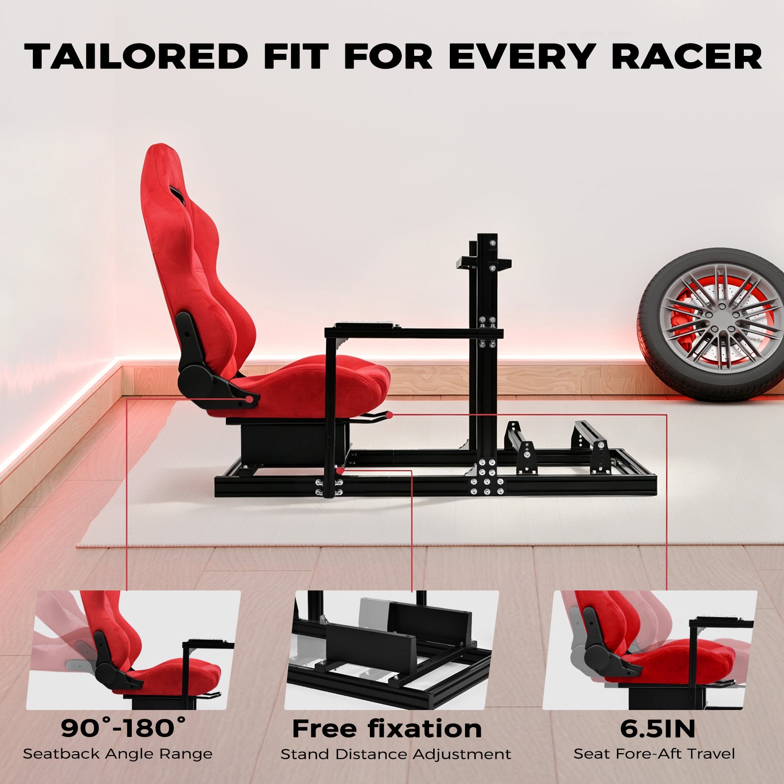 Minneer 3060&3030 Aluminium Racing Simulator Cockpit, fit for Fanatec, for Logitech, for Thrustmaster, Racing Stand with Red Suede Seat, Steering Wheel and Pedals Not Include