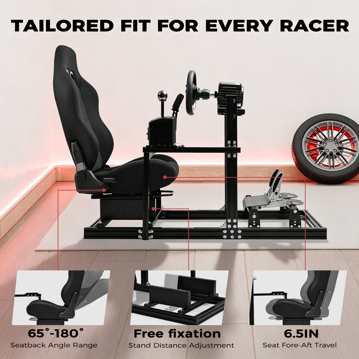 Minneer F1 3060 Aluminum Profile Racing Sim Cockpit with Black Seat, Ultra Strength & Rigidity, Fit for Logitech G29 G923, Sim frame 3060, Not Include Steering Wheel,Pedals,Handbrake