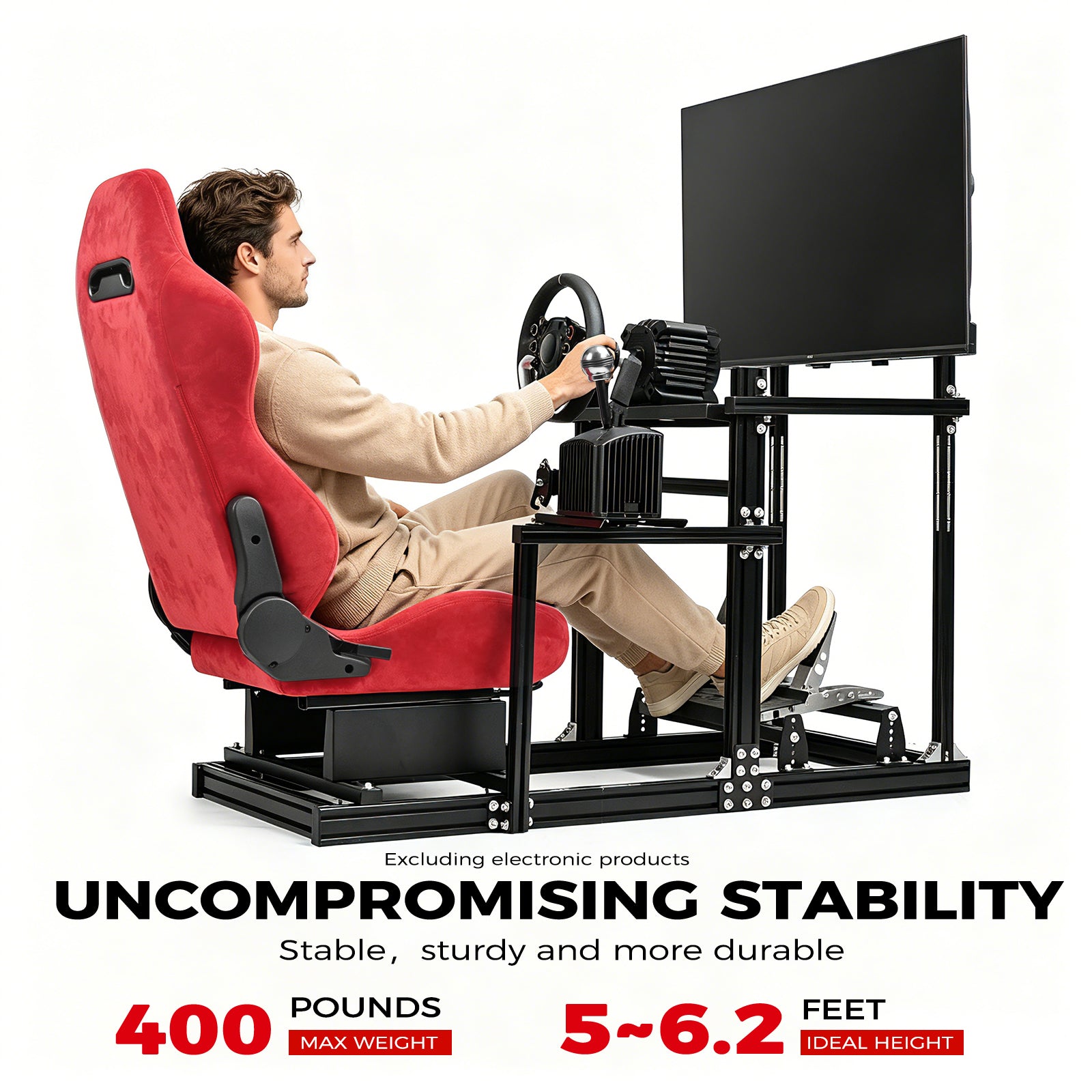 Minneer 3060&3030 Aluminium Racing Simulator Cockpit with Red Suede Seat, Fit for Fanatec, for Logitech, for Thrustmaster, Racing Stand with TV Stand, Not Include Steering Wheel, Pedals, Handbrake