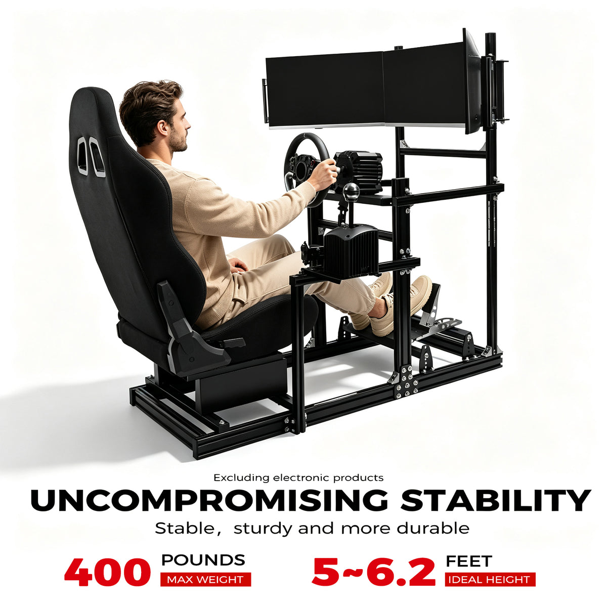 Minneer 3060 Aluminum Profiles Racing Simulator Cockpit with Black Seat and Triple Monitor Stand , Fully Adjustable, Fit for Logitech G29 G923, Steering Wheel, Pedals, and Hand Brake Not Included