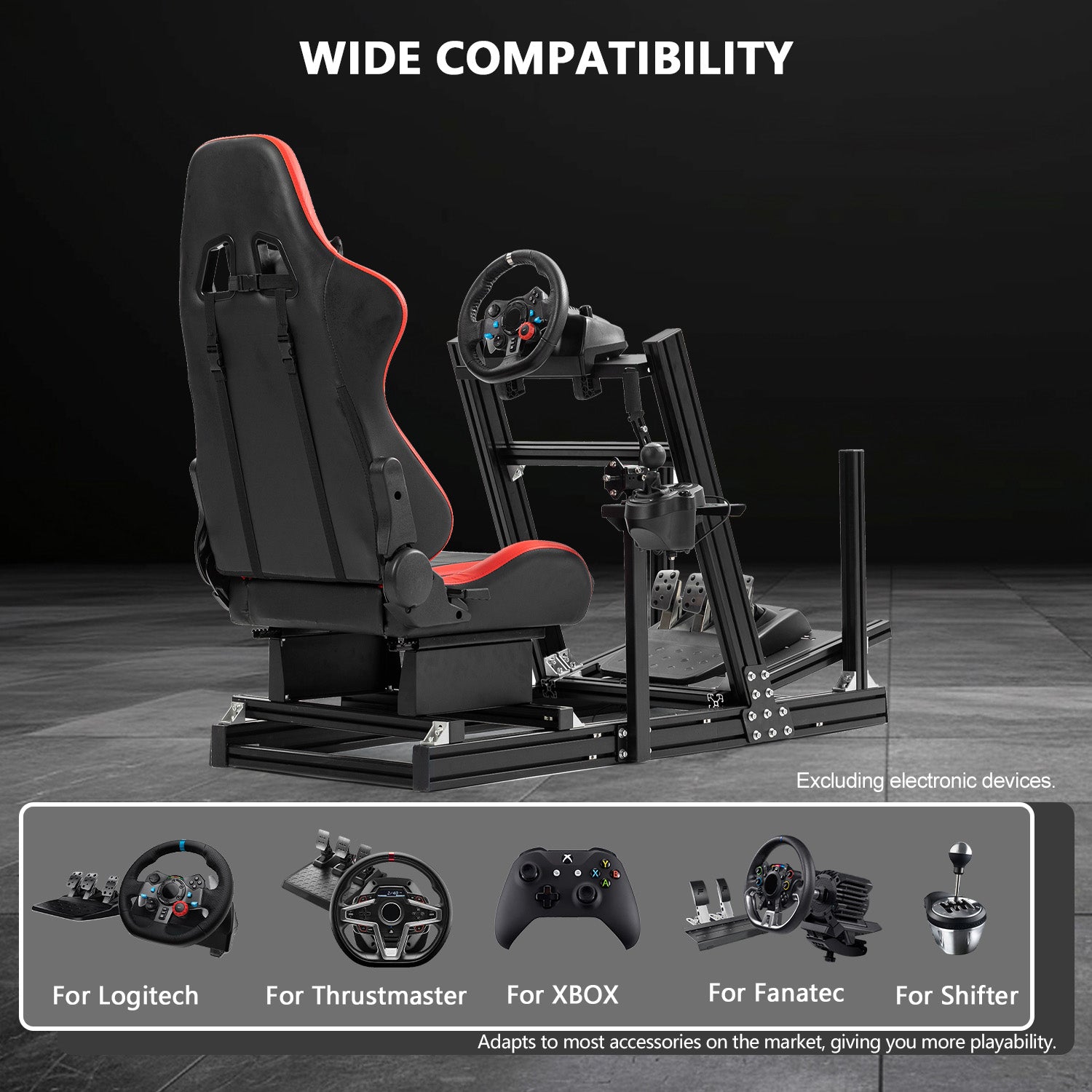 Minneer 4080 Aluminum Profile Racing Simulator Cockpit with Red Seat, Fully Adjustability, Fit for Logitech G920 & G923, Xbox, Thrustmaster T300Rs, Sim Frame 8040, without Steering Wheel, Pedals and Handbrak