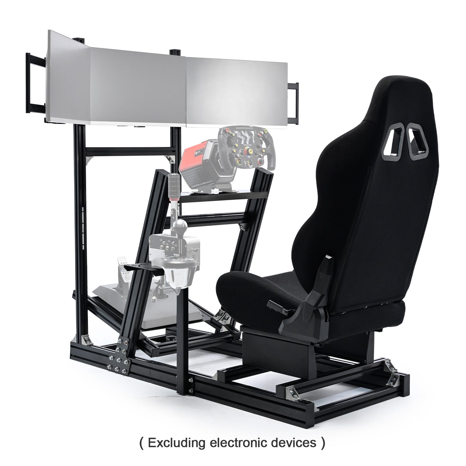 Minneer 4080 Aluminum Racing Simulator Cockpit with Black Seat and Triple Monitor Stand, Fully Adjustability, Fit for Logitech, Thrustmaster, Fanatec G29 G920 T248, Not Include Steering Wheel,Pedals,Handbrake,Monitor