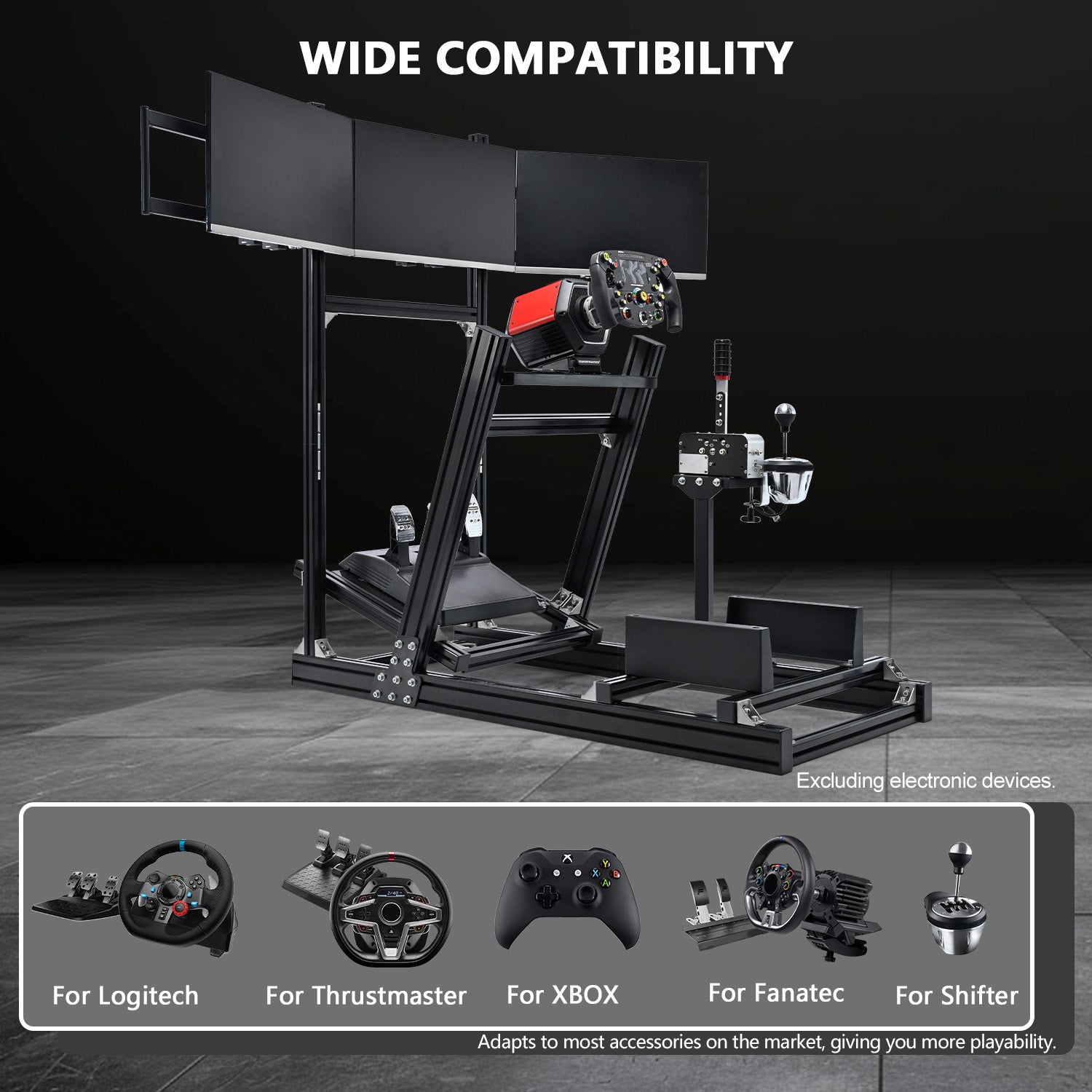 Minneer 4080 Aluminum Profile Sim Racing Cockpit with Triple Monitor Stand, Unlimited Adjustment, Suitable For Thrustmaster, Fanatec, Moza, Logitech g29 g920, Not Include Steering,TV,Wheel,Pedals,Handbrake