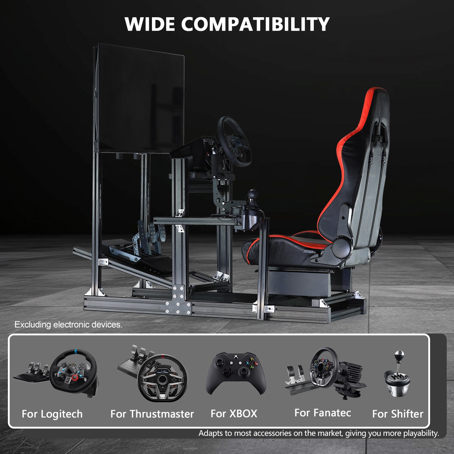Minneer 4080 Aluminium Profile Racing Sim Cockpit with Red Seat and Monitor Stand, Fully Adjustability, Fit for Logitech,Thrustmaster, Fanatec G29 G923 T248, Not Include Steering Wheel,Pedals,Handbrake