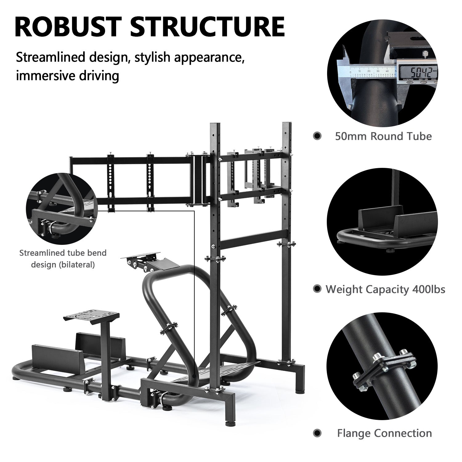 Minneer Racing Simulator Cockpit with Triple Screen Mount for Logitech / Fanuc / Thrustmaster G27 G923 G920, 50 mm Large Round Tube Driving Simulator Mount without Steering Wheel / Shift / Pedals / TV