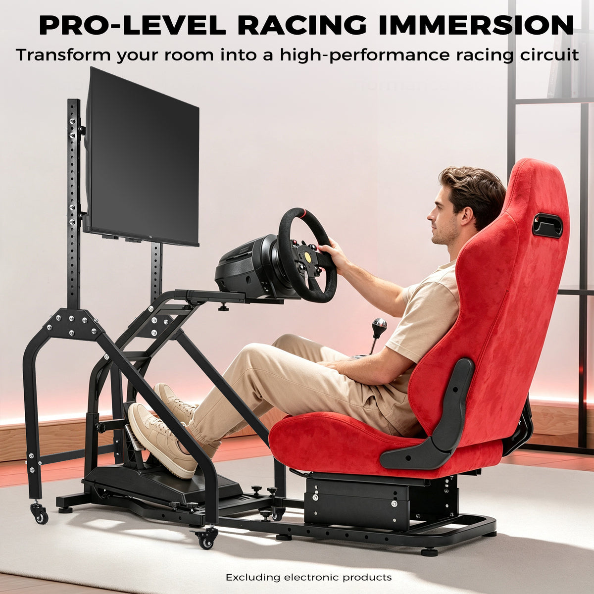 Minneer Adjustable Racing Simulator Cockpit with Red Suede Seats and Movable Monitor Stand, Fit for Logitech G Pro, for Thrustmaster T818, for Fanatec CSLDD, Electronics not included
