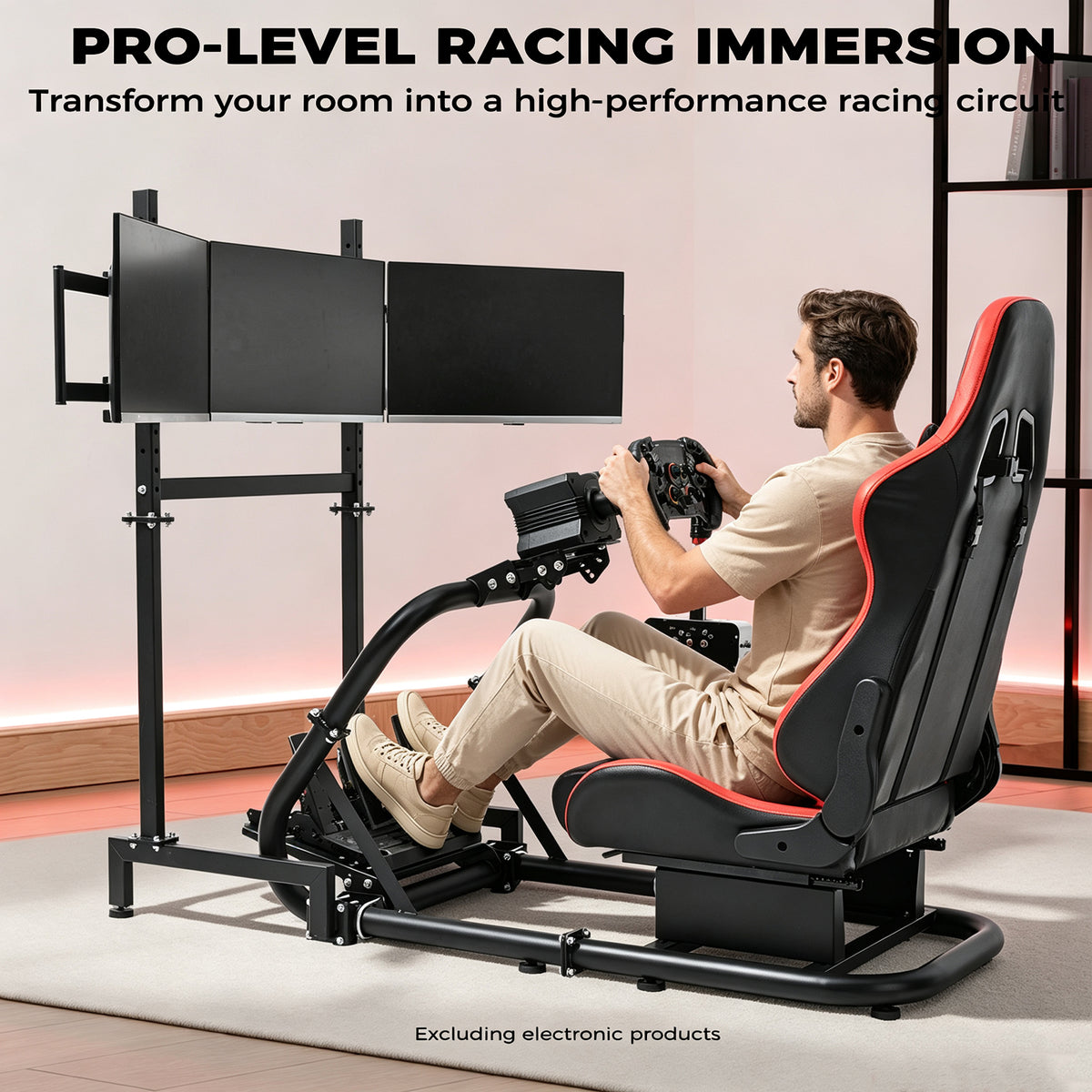 Minneer Racing Simulator Cockpit with Triple Monitor Stand and Red Seat Fit for Logitech/Thrustmaster/Fanatec T500RS TX G29 G920 G923 CSL-DD, Excludes steering wheel, pedals, monitor and gear shifter