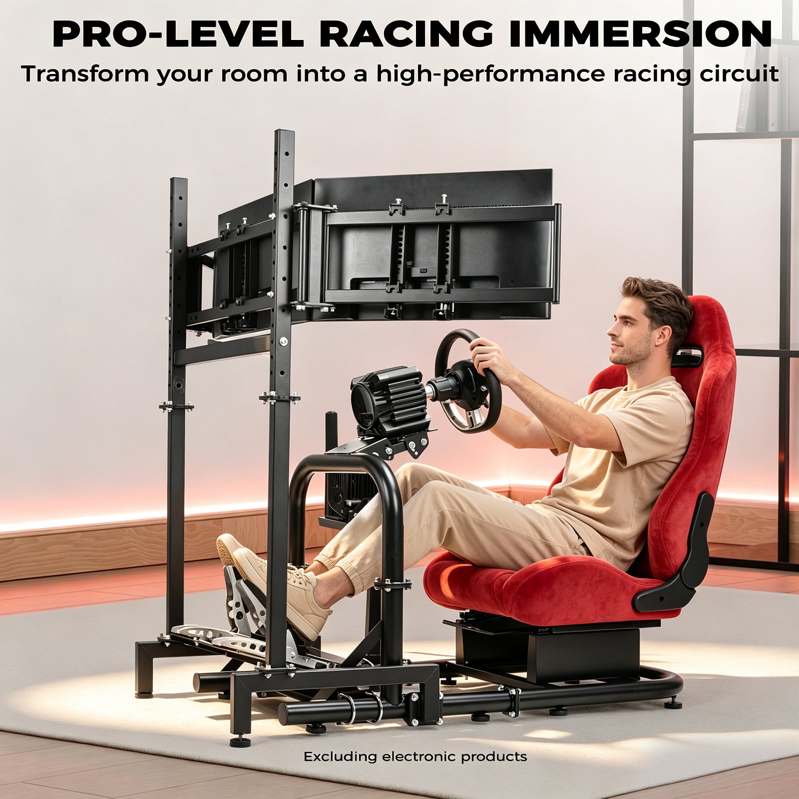 Minneer Racing Sim Cockpit with Triple Monitor Stand and Red Suede Seat, Wide Compatibility, Fit for Logitech,Thrustmaster, Fanatec G29 G923 T248, Not Include Steering Wheel,Pedals,Handbrake