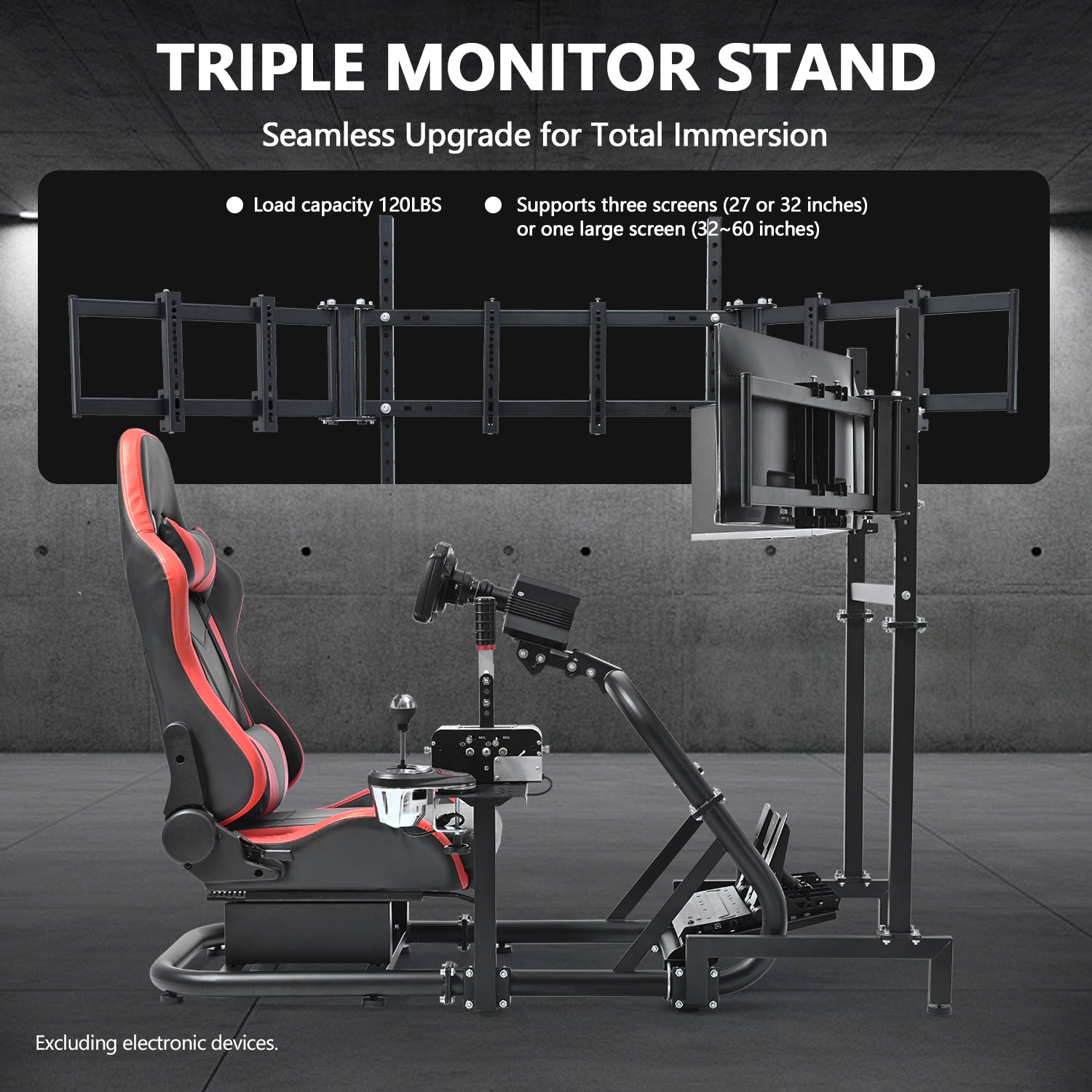 Minneer Racing Simulator Cockpit with Triple Monitor Stand and Red Seat Fit for Logitech/Thrustmaster/Fanatec T500RS TX G29 G920 G923 CSL-DD, Excludes steering wheel, pedals, monitor and gear shifter