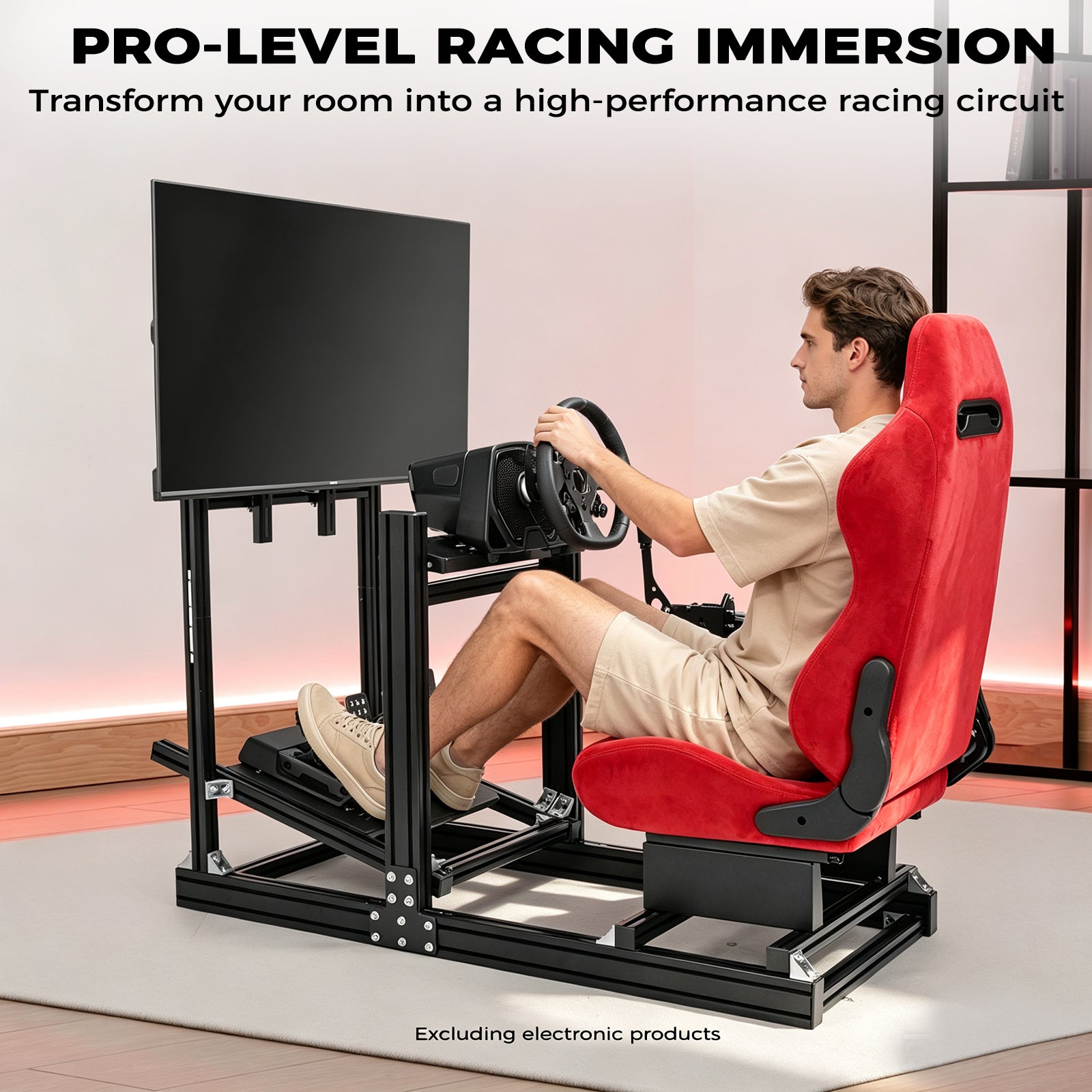 Minneer Racing Simulator Cockpit with Red Suede Seat and Monitor Stand, Fit for Logitech G29 G920 G923, for Thrustmaster, for Fanatec T128, Adjustable Steering Wheel Stand, Not Included Wheel,Pedals and Shifter
