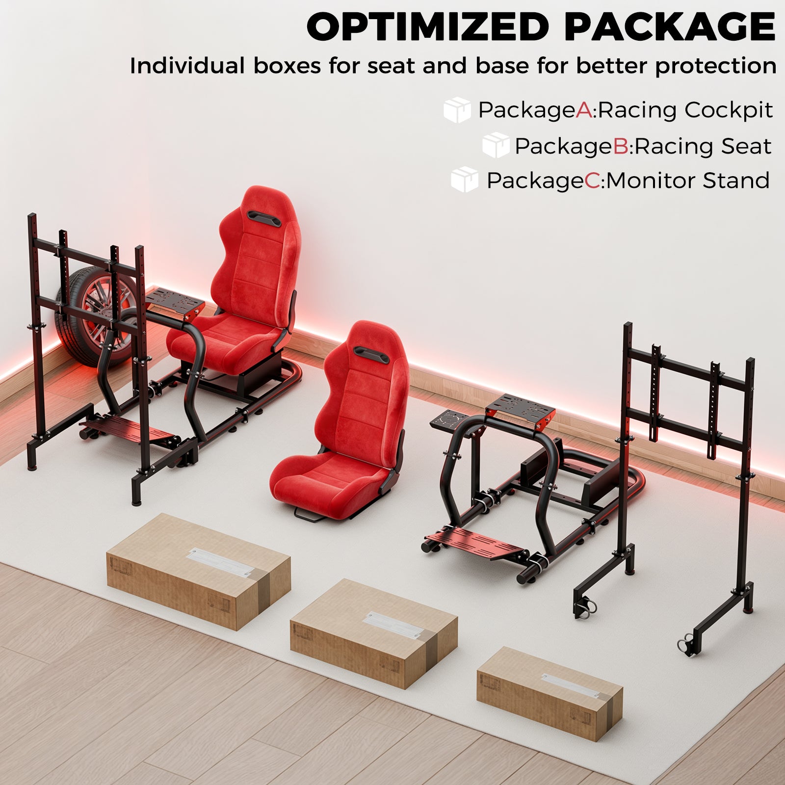 Minneer 50MM Adjustable Racing Cockpit with Red Suede Seat and Monitor Stand, Fit for Logitech G29 G920 G923, for Thrustmaster, for Fanatec, Adjustable Racing Wheel Stand, Gaming Race Cockpit Without Steering Wheel Pedal Shifter