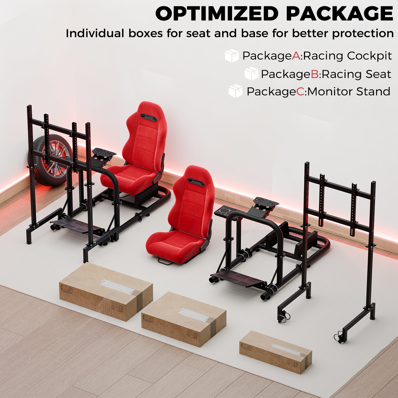 Minneer Stable Racing Simulator Cockpit with Red Suede Seat and Monitor Stand, Fit for Logitech G29 G920, for Thrustmaster T248 T300, for Fanatec, Racing Wheel Stand, Wheel Pedal Handbrake Not Included