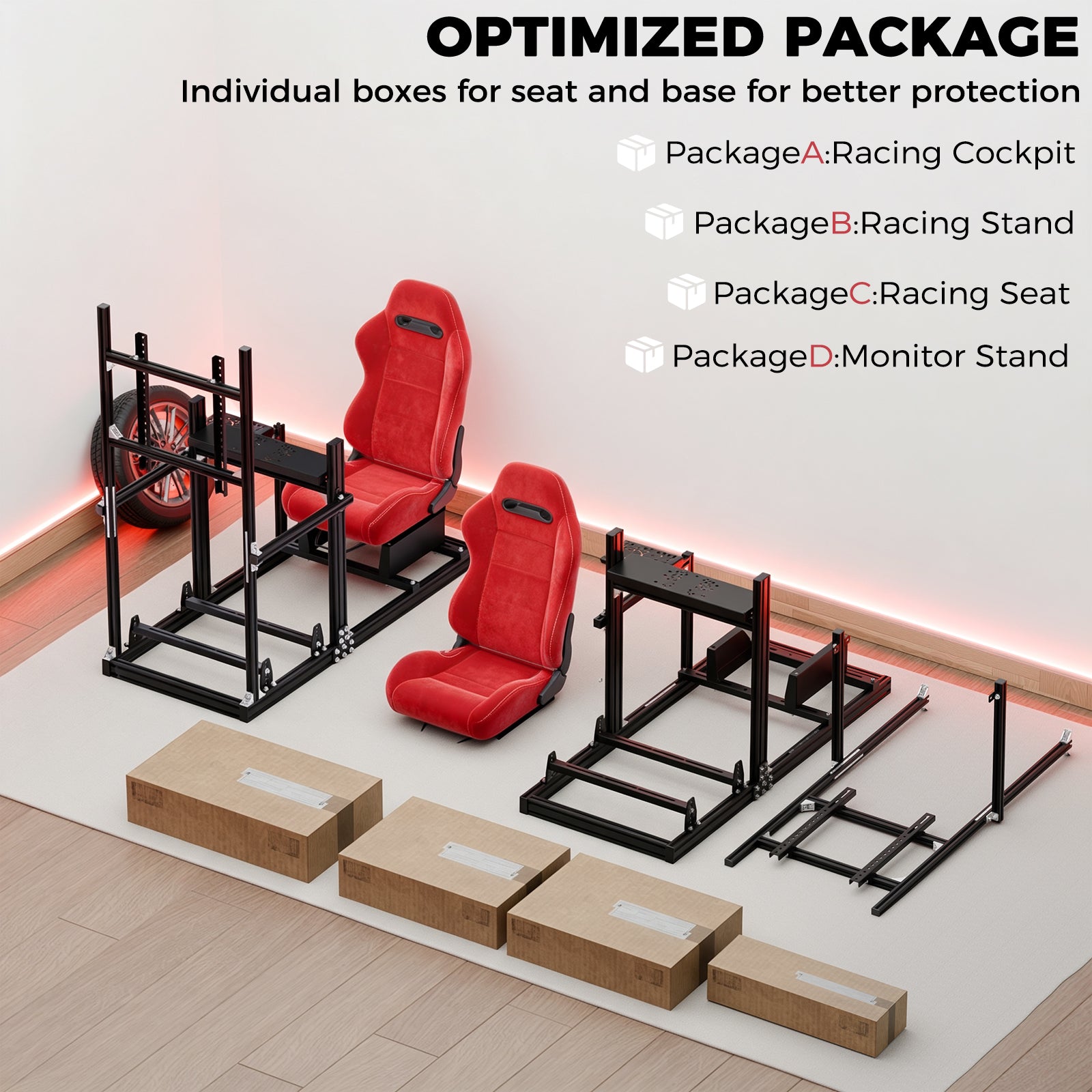 Minneer 3060&3030 Aluminium Racing Simulator Cockpit with Red Suede Seat, Fit for Fanatec, for Logitech, for Thrustmaster, Racing Stand with TV Stand, Not Include Steering Wheel, Pedals, Handbrake