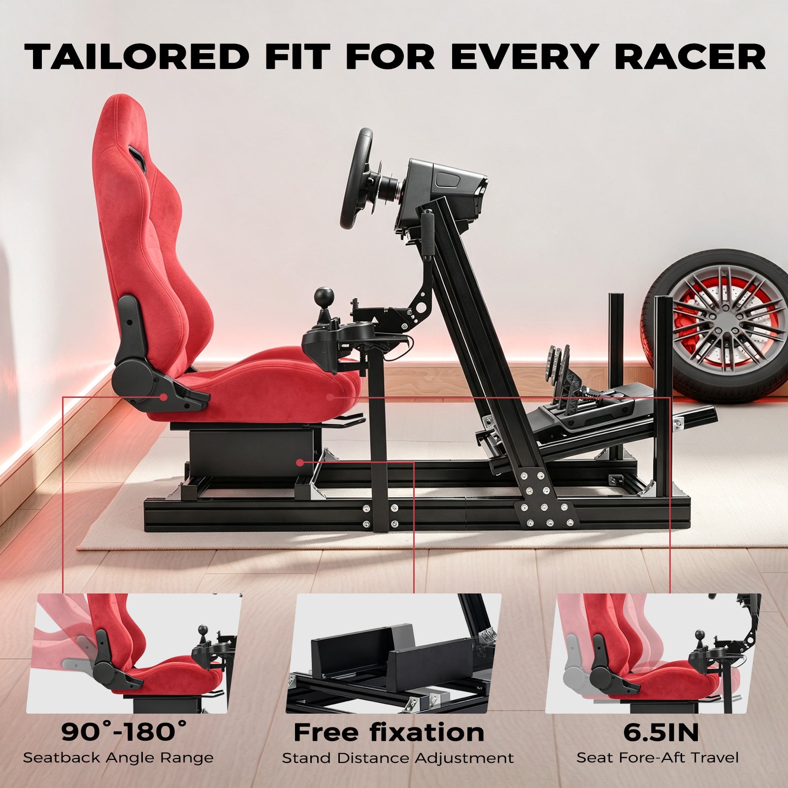 Minneer Racing Simulator Stand With Red Suede Seat, Cockpit Made Of 8040 Aluminum Profiles, Compatible With Fanatec, Moza, Logitech, And Thrustmaster Direct-Drive Steering Wheels; Does Not Include Steering Wheel, Pedals, Or Handbrake.