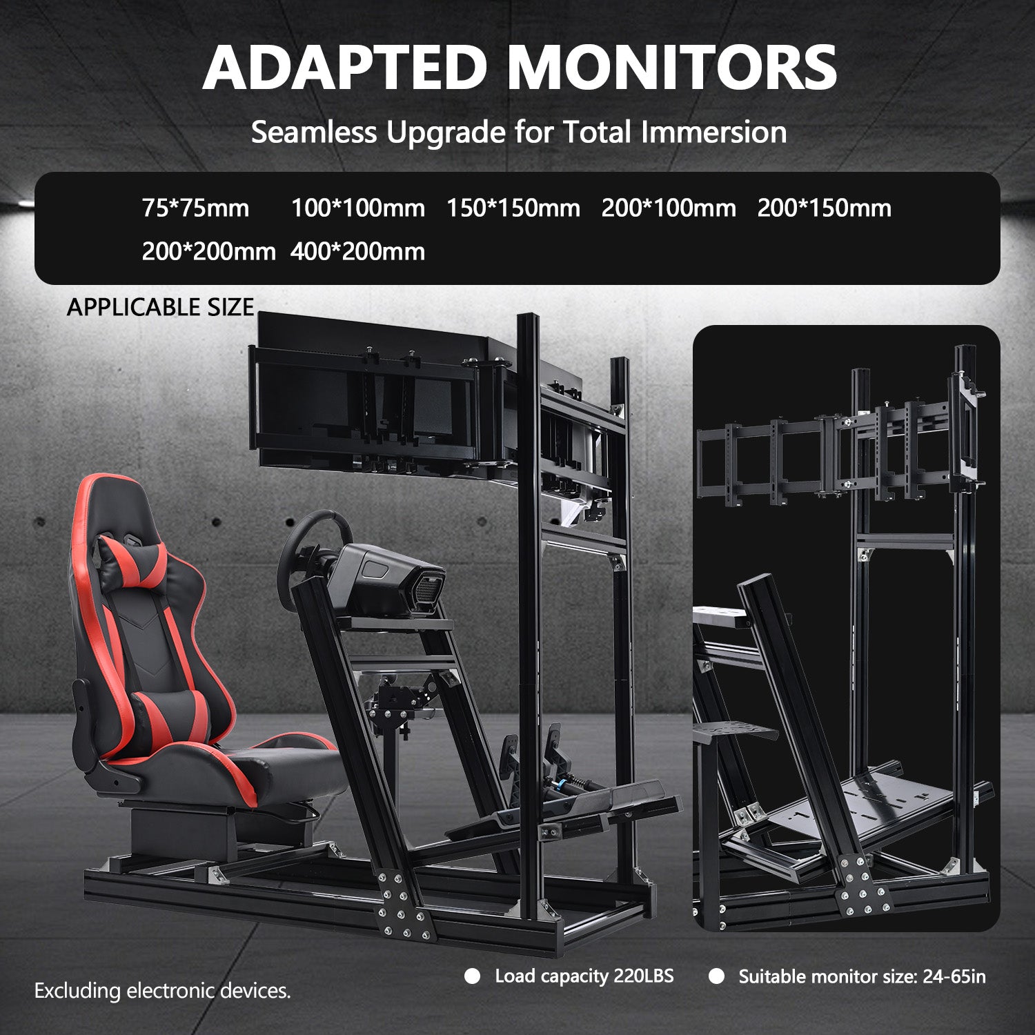 Minneer 4080 Aluminum Racing Simulator Cockpit with Black Seat and Triple Monitor Stand, Fully Adjustability, Fit for Logitech, Thrustmaster, Fanatec G29 G920 T248, Not Include Steering Wheel,Pedals,Handbrake,Monitor